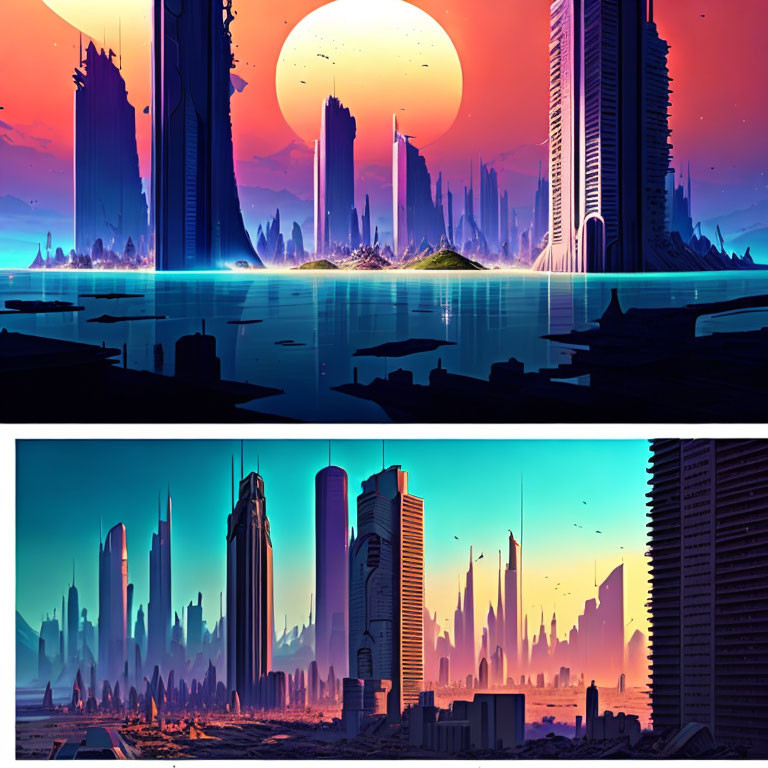 Futuristic cityscapes with tall skyscrapers and vibrant colors