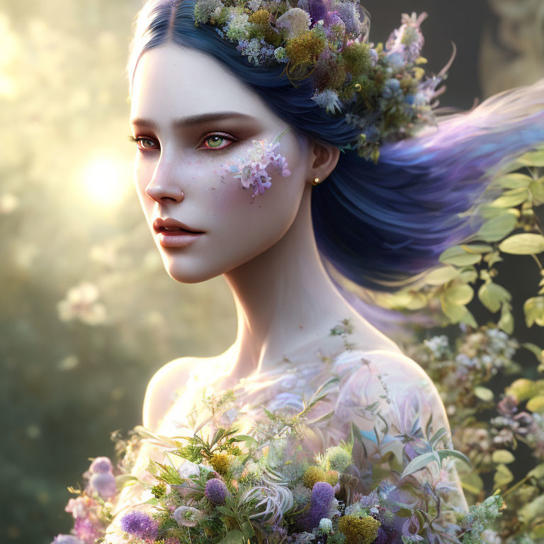 Blue-haired woman with floral crown in botanical backdrop