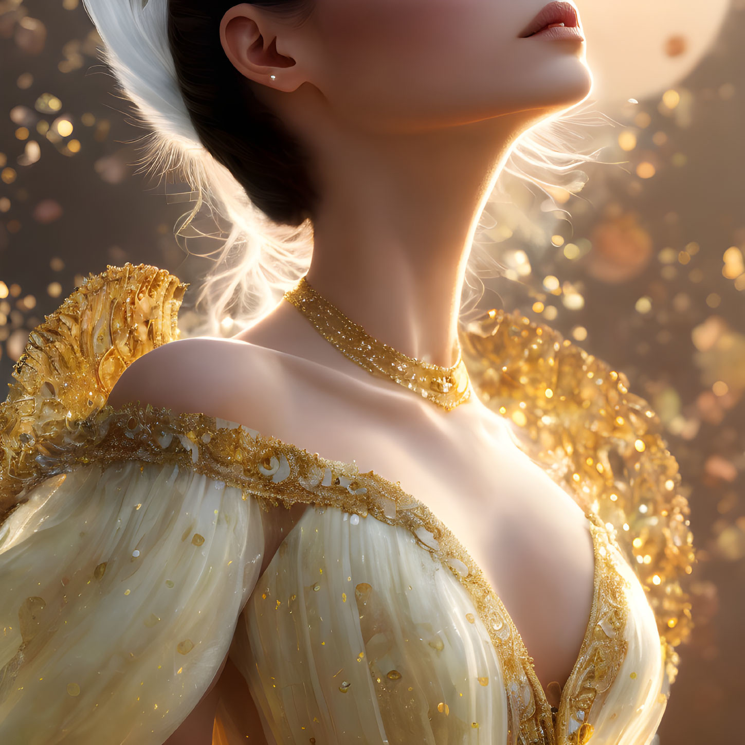 Blonde woman in golden gown with ethereal backdrop