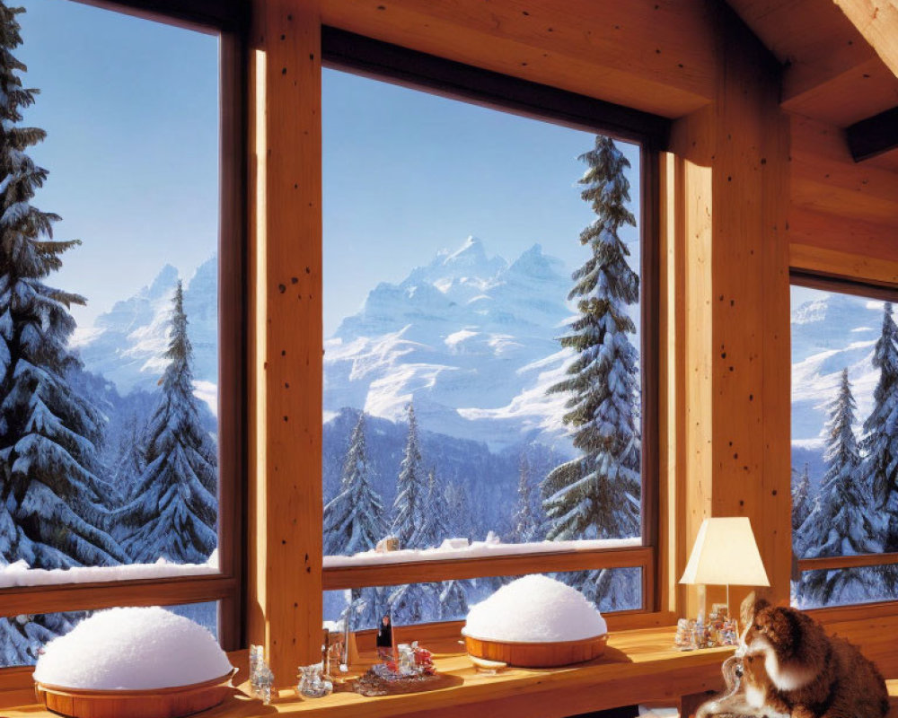 Room with Large Windows, Mountain View, Snow-Covered Trees, Cat on Couch, White Decor