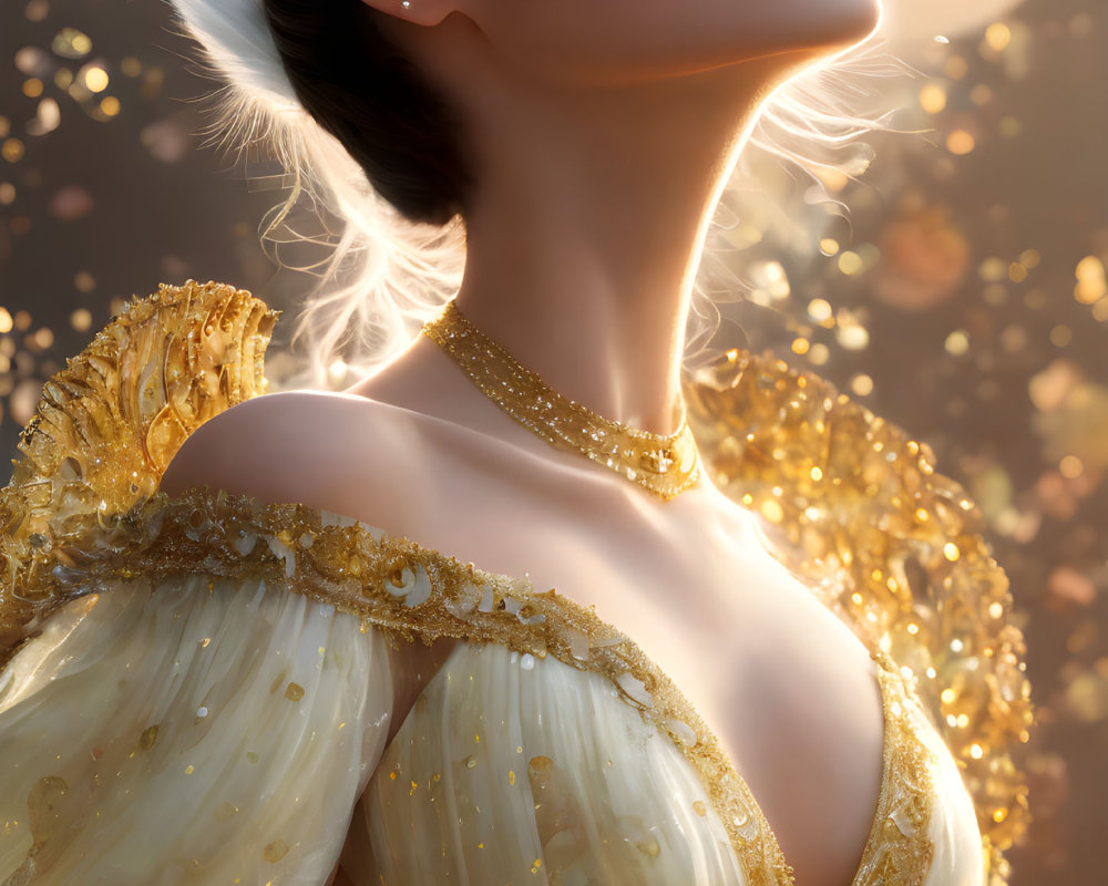 Blonde woman in golden gown with ethereal backdrop