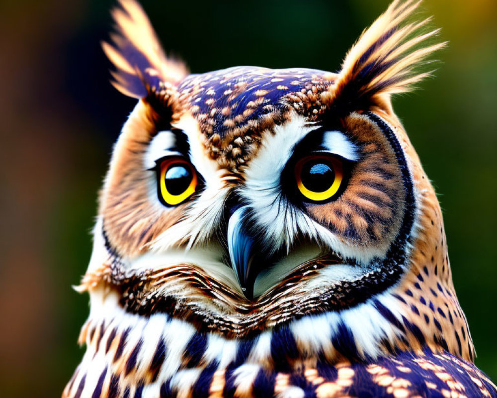 Majestic owl with yellow eyes and sharp beak in close-up shot