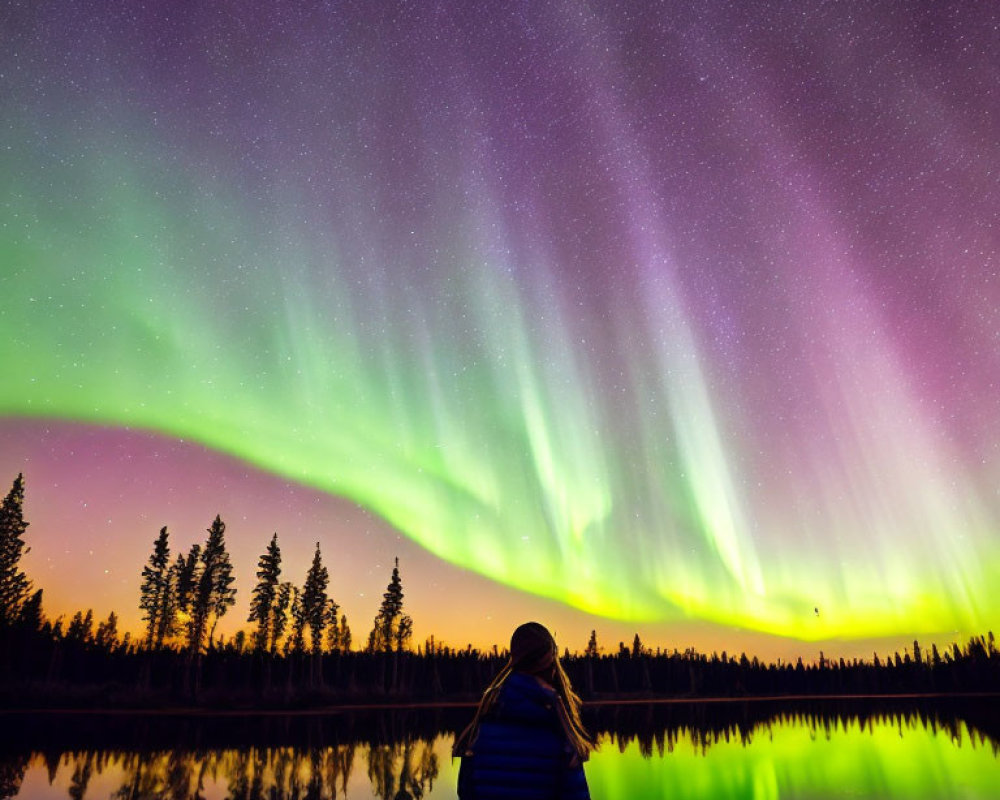 Person in Blue Jacket Admiring Aurora Borealis Over Lake