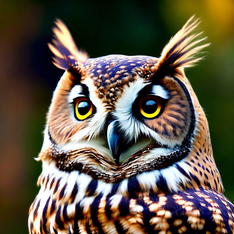 Majestic owl with yellow eyes and sharp beak in close-up shot