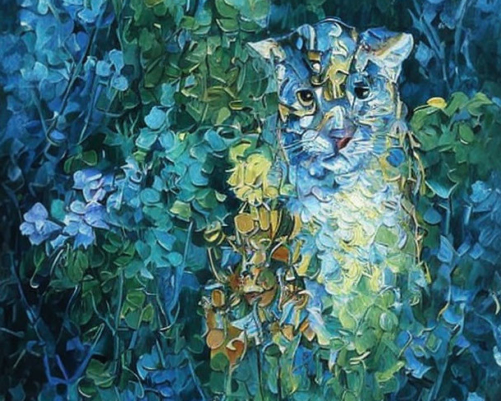 Impressionist owl painting blending into blue and green foliage