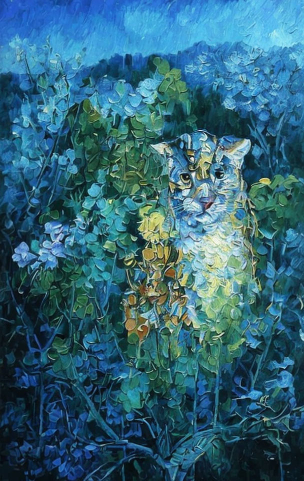 Impressionist owl painting blending into blue and green foliage