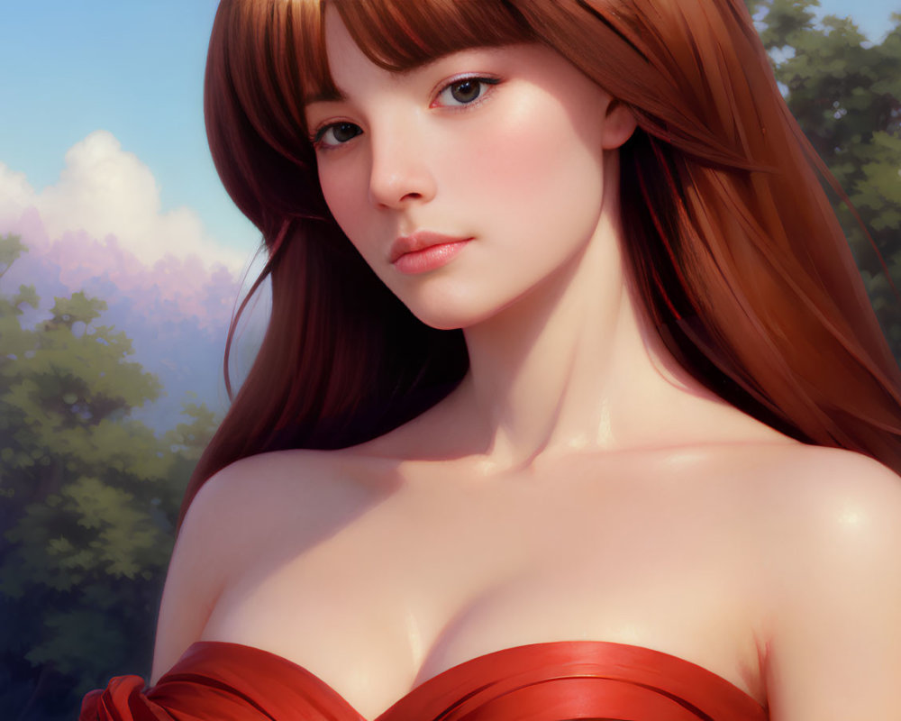 Digital artwork: Woman with auburn hair in red garment, nature background.