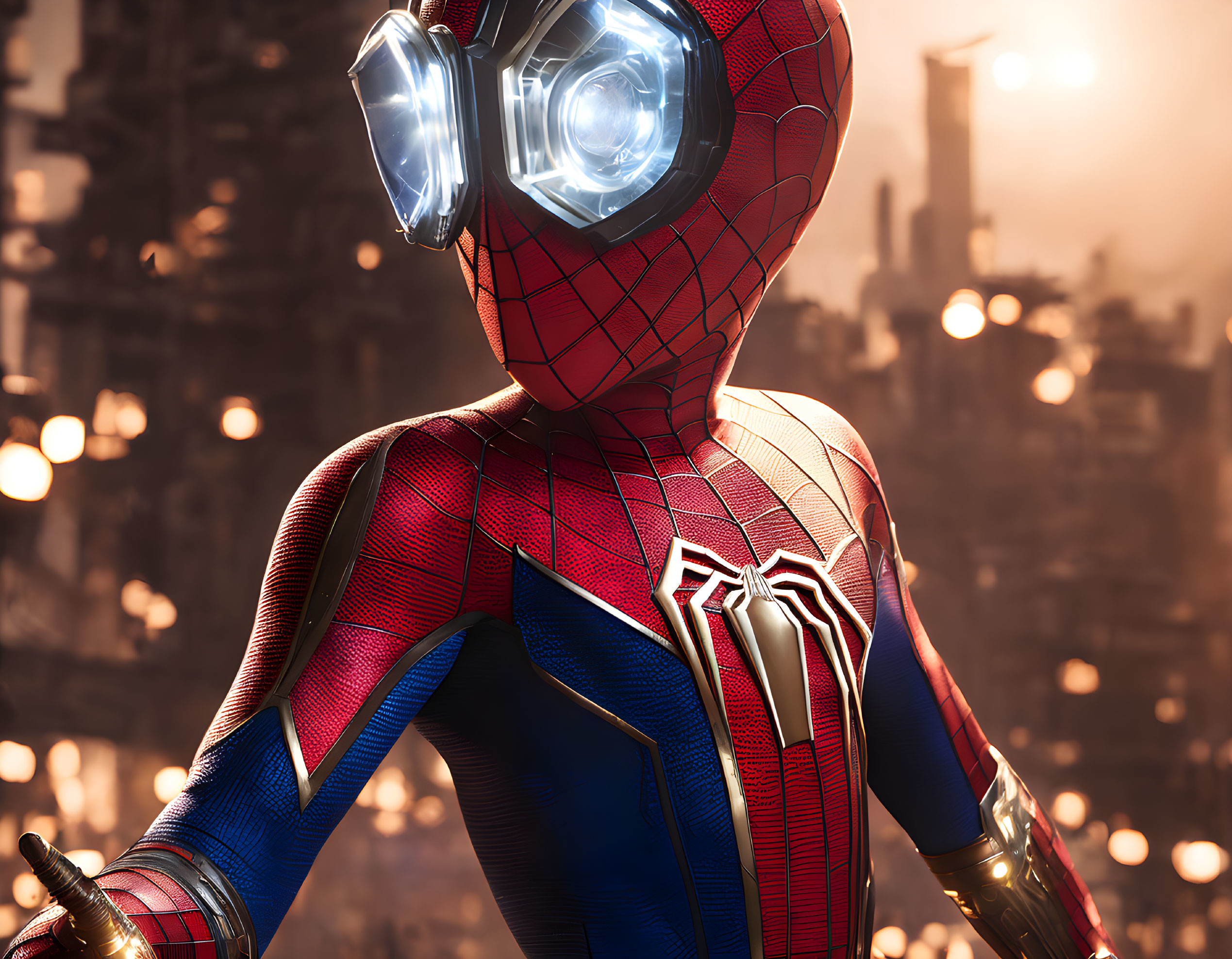 Close-Up of Spider-Man in Iconic Suit with Illuminated Eyes Against Atmospheric Background