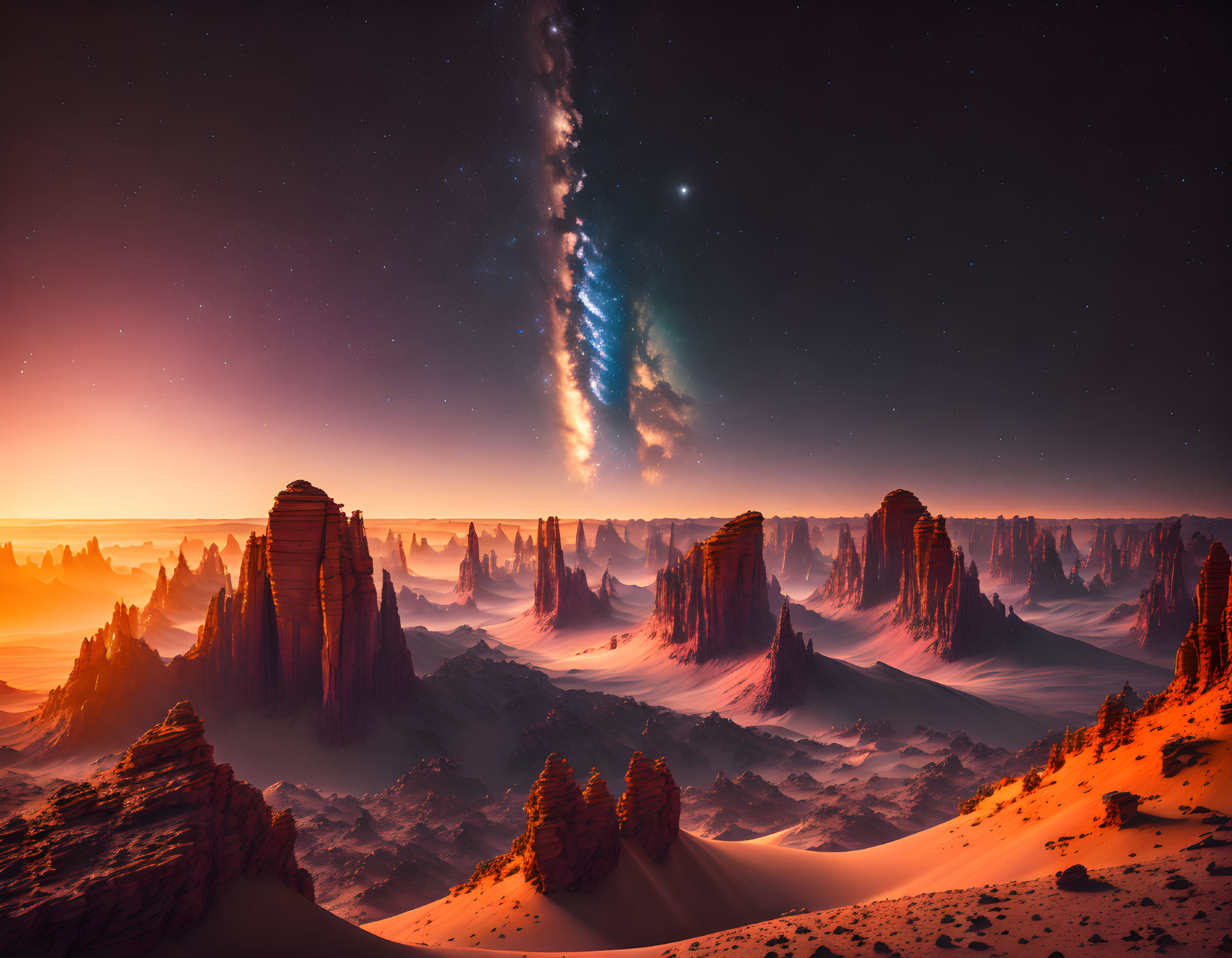 Desert landscape with rock formations, sand dunes, and Milky Way galaxy