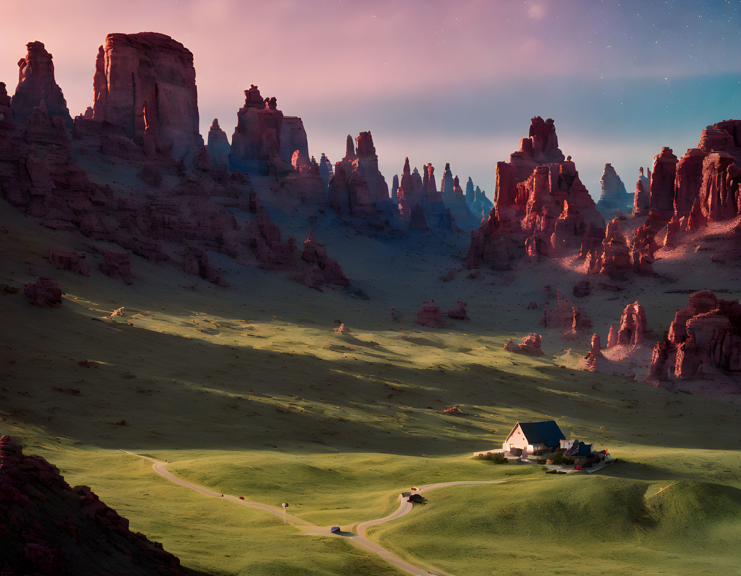 Tranquil landscape with small house, lush greenery, red rock formations, twilight sky