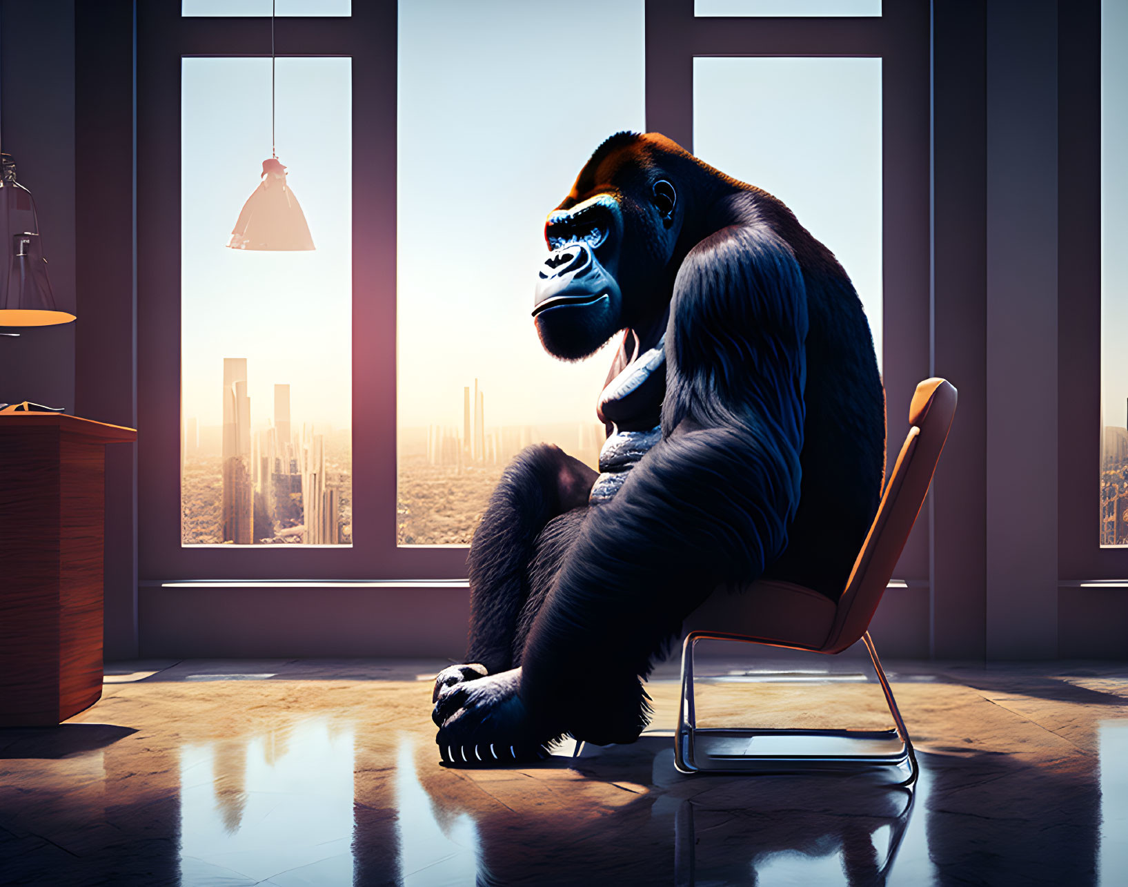 Gorilla sitting on modern chair in high-rise room with city skyline view