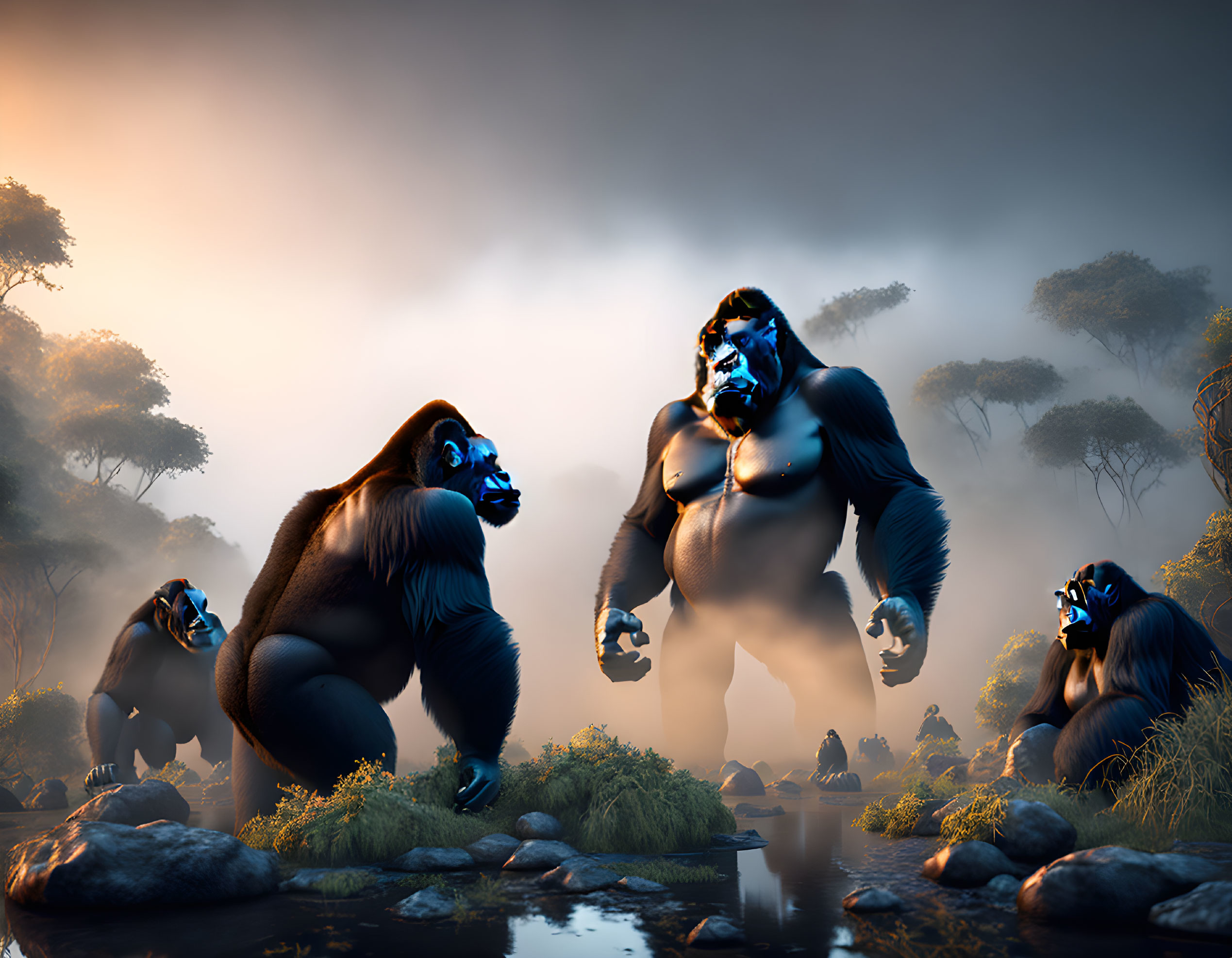 Four muscular gorillas in misty forest with reflective water.