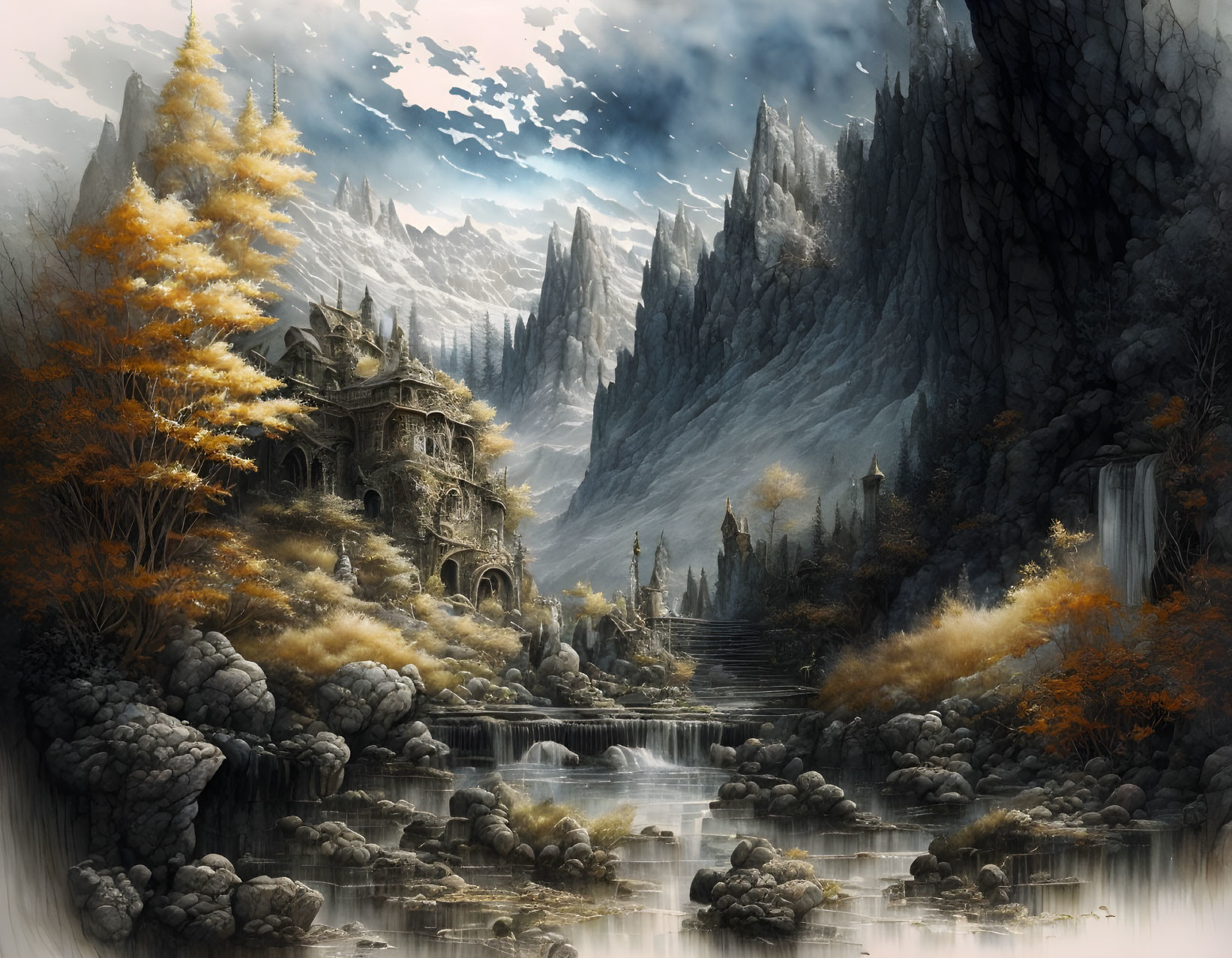 Mystical autumnal landscape with river, waterfalls, stone castle, cliffs, mountains, cloudy