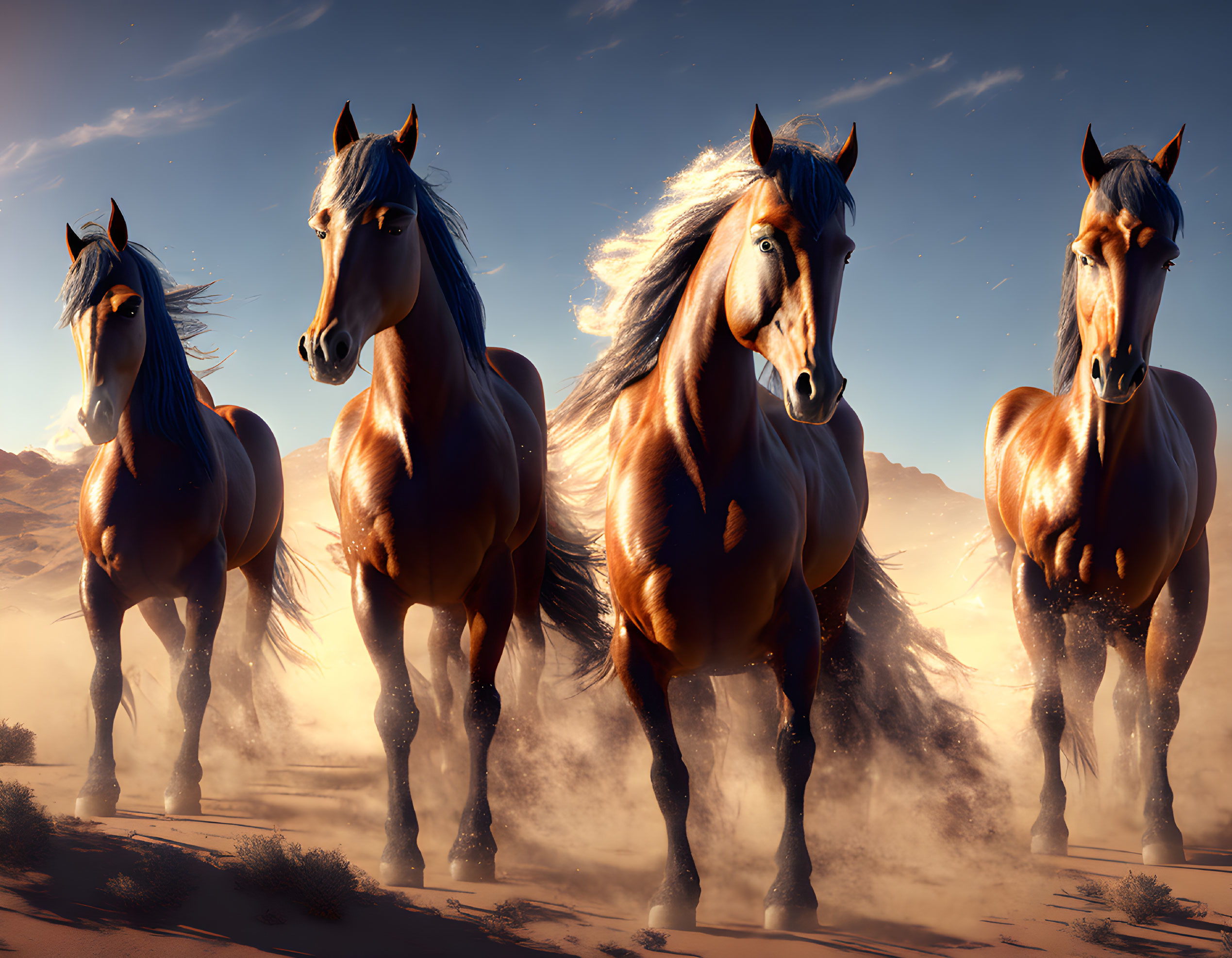 Four Majestic Horses Galloping in Desert Landscape