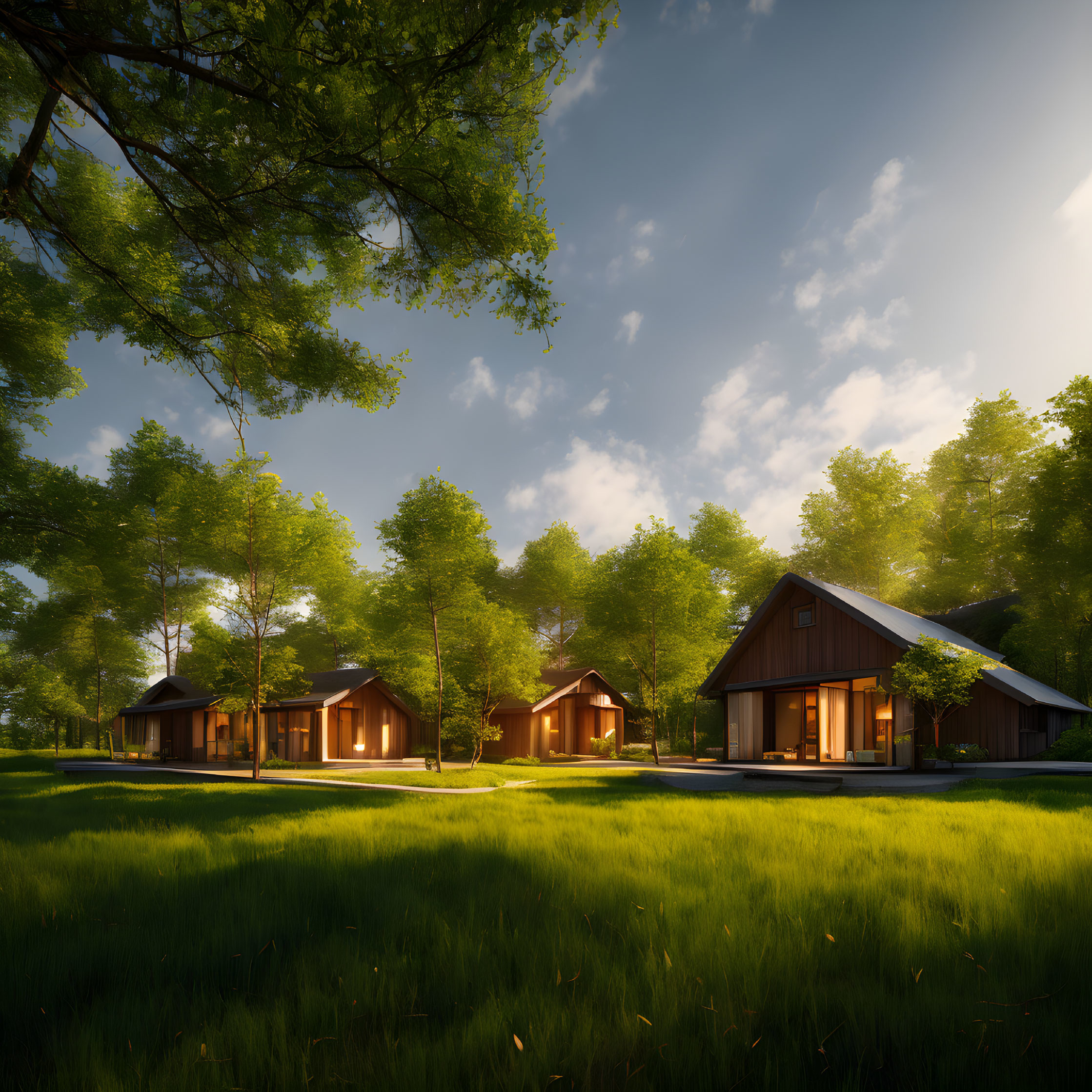 Cozy houses in forest setting with sunrays through trees