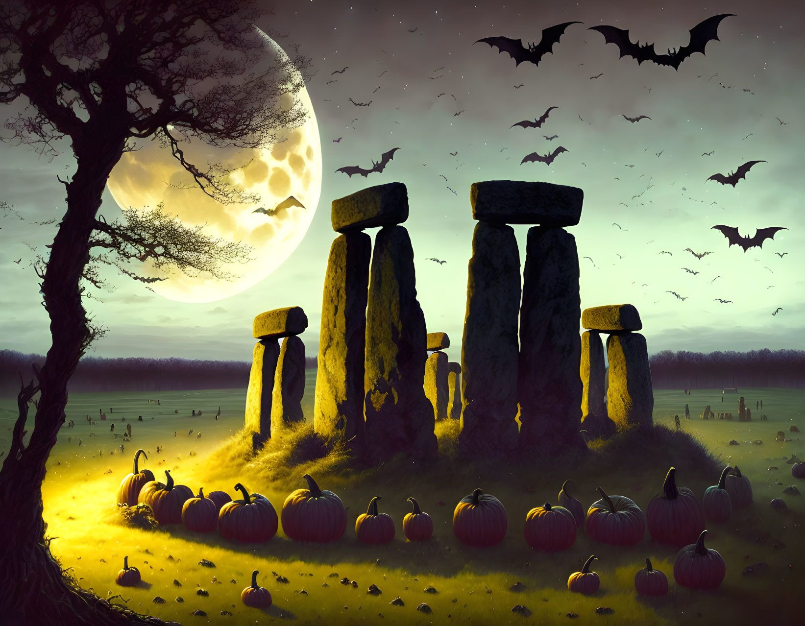 Stonehenge Halloween scene with full moon, bats, tree, and pumpkins