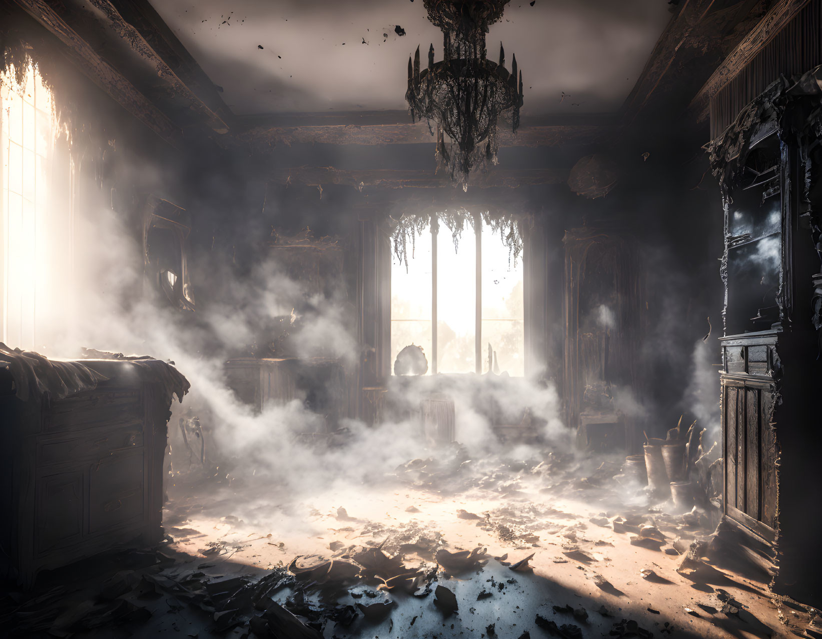 Abandoned room with tattered curtains, decrepit chandelier, and scattered debris