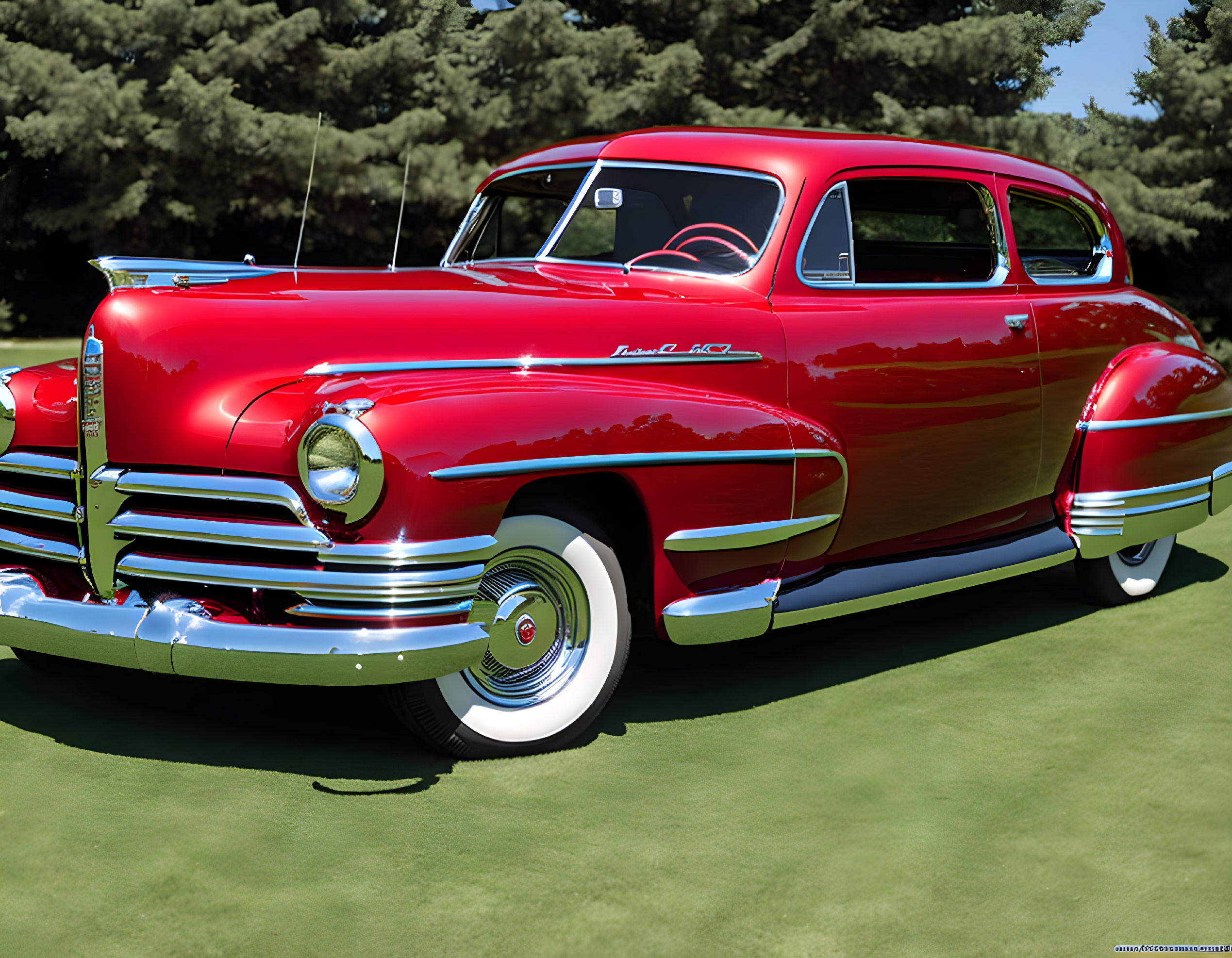 Vintage Red Car with White-Wall Tires Parked on Grass