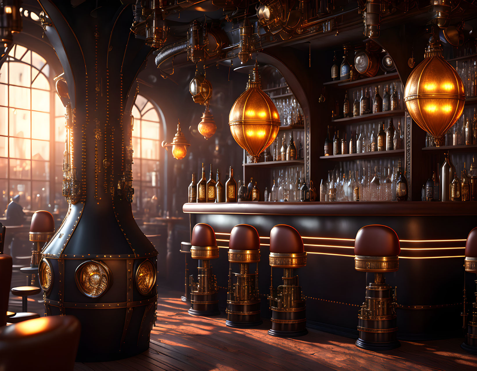 Steampunk-style bar interior with warm lighting, leather stools, wood flooring, and vintage fixtures