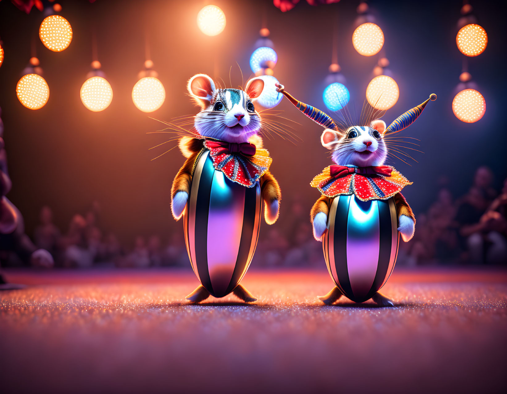 Colorful Circus Costumed Animated Mice on Shiny Pedestals