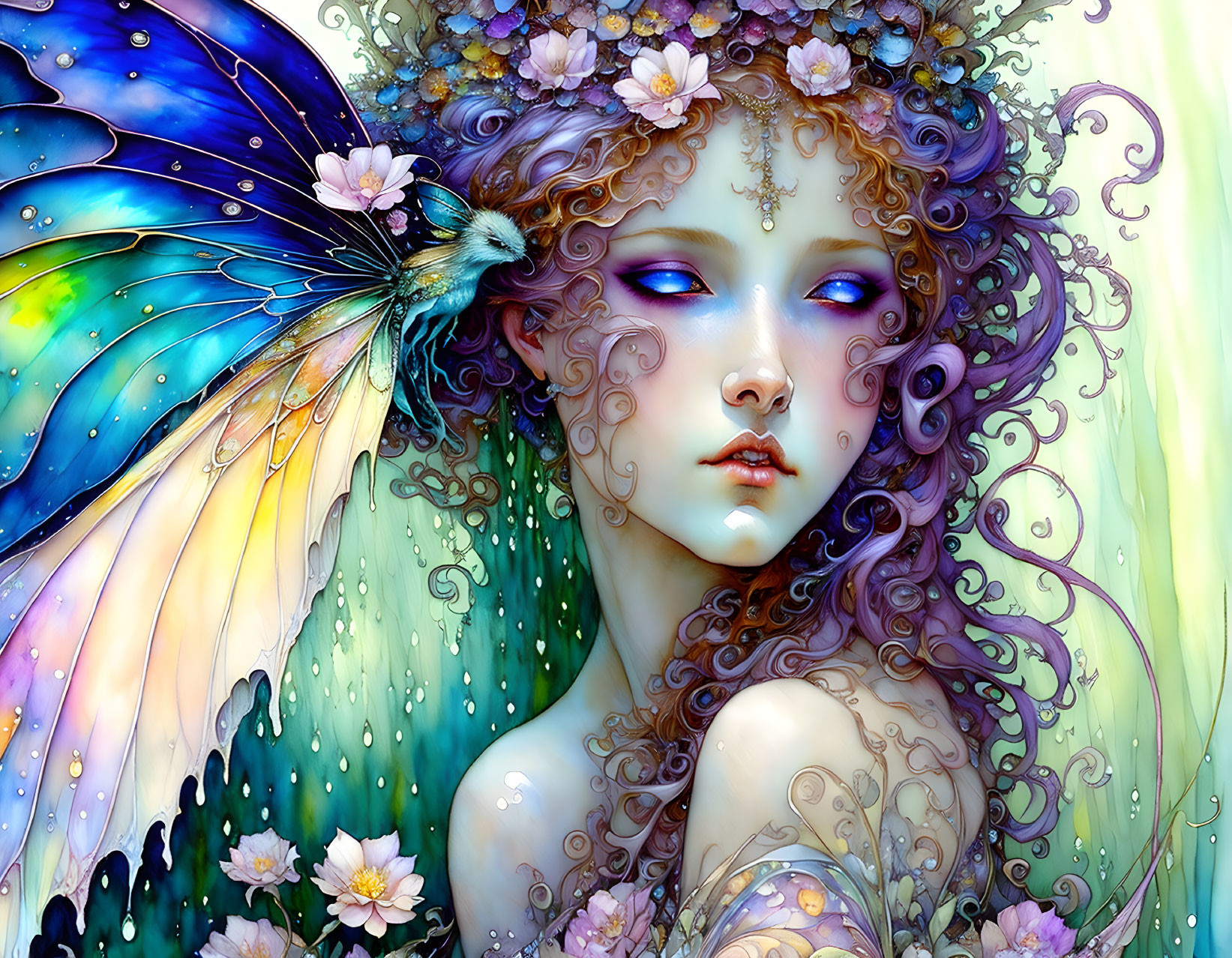 Colorful fantasy art of a woman with butterfly wings and floral hair decor