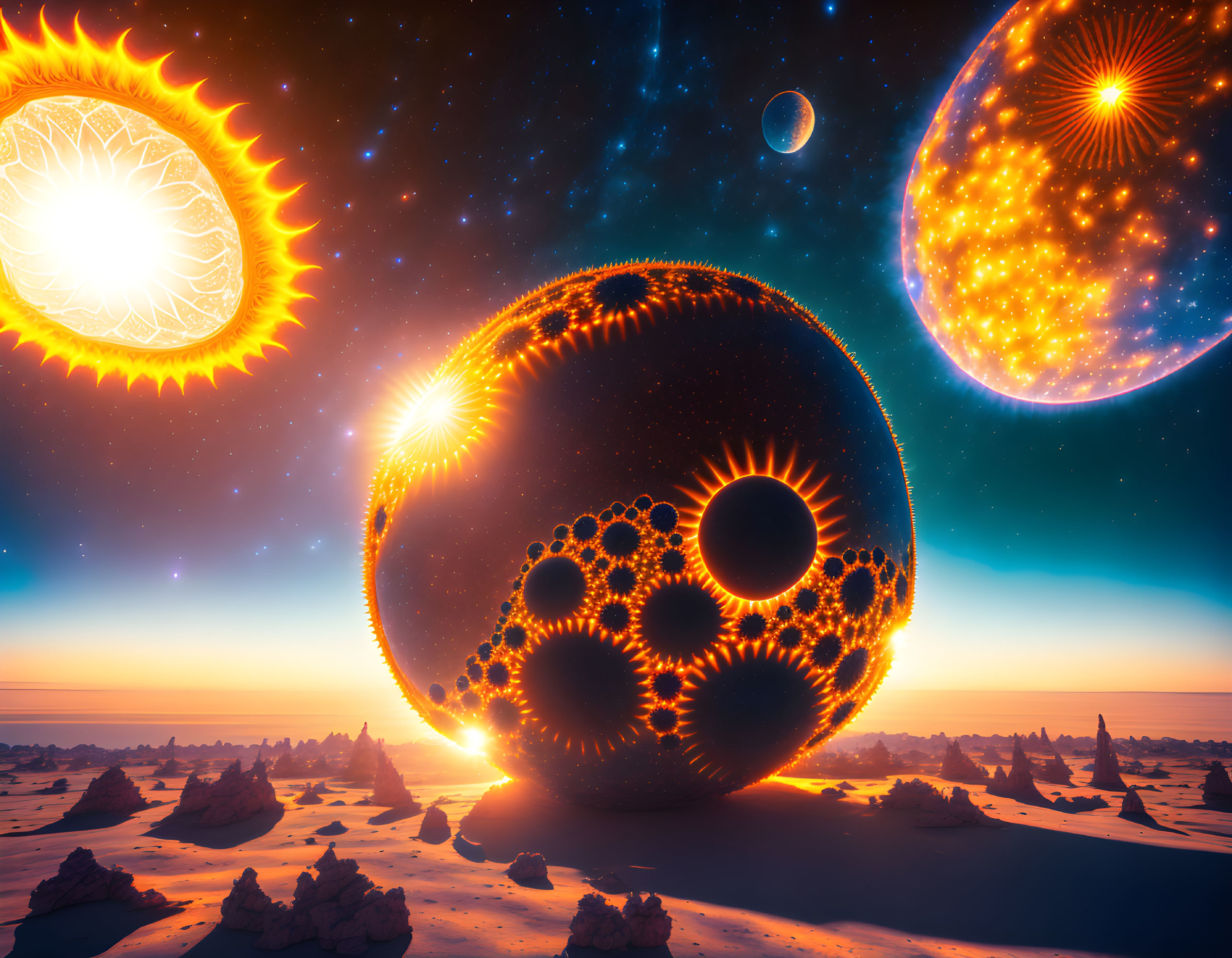 Desert landscape with cosmic sphere, two sun-like stars, and distant planet