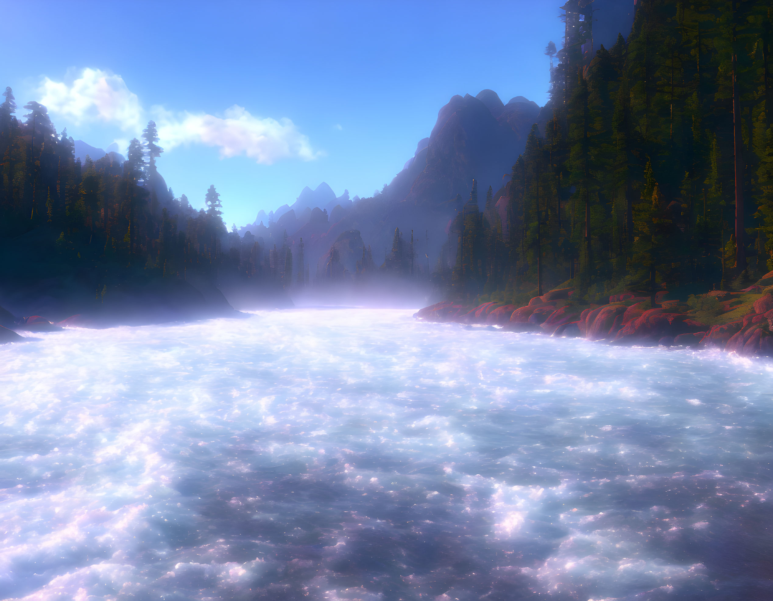 Serene river in forest with misty mountains and blue sky