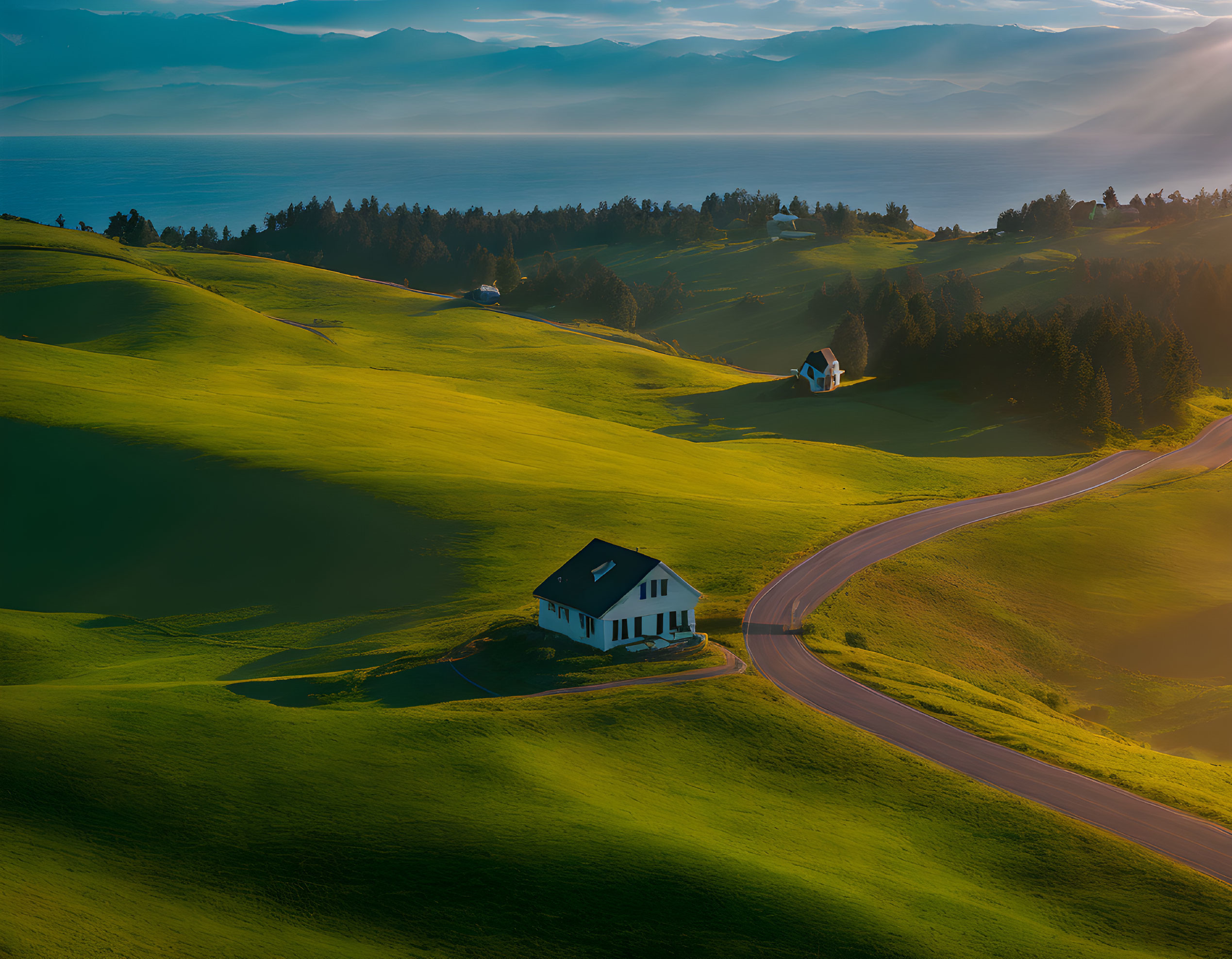 Rolling Green Hills, Winding Road, Two Houses, Blue Sea View