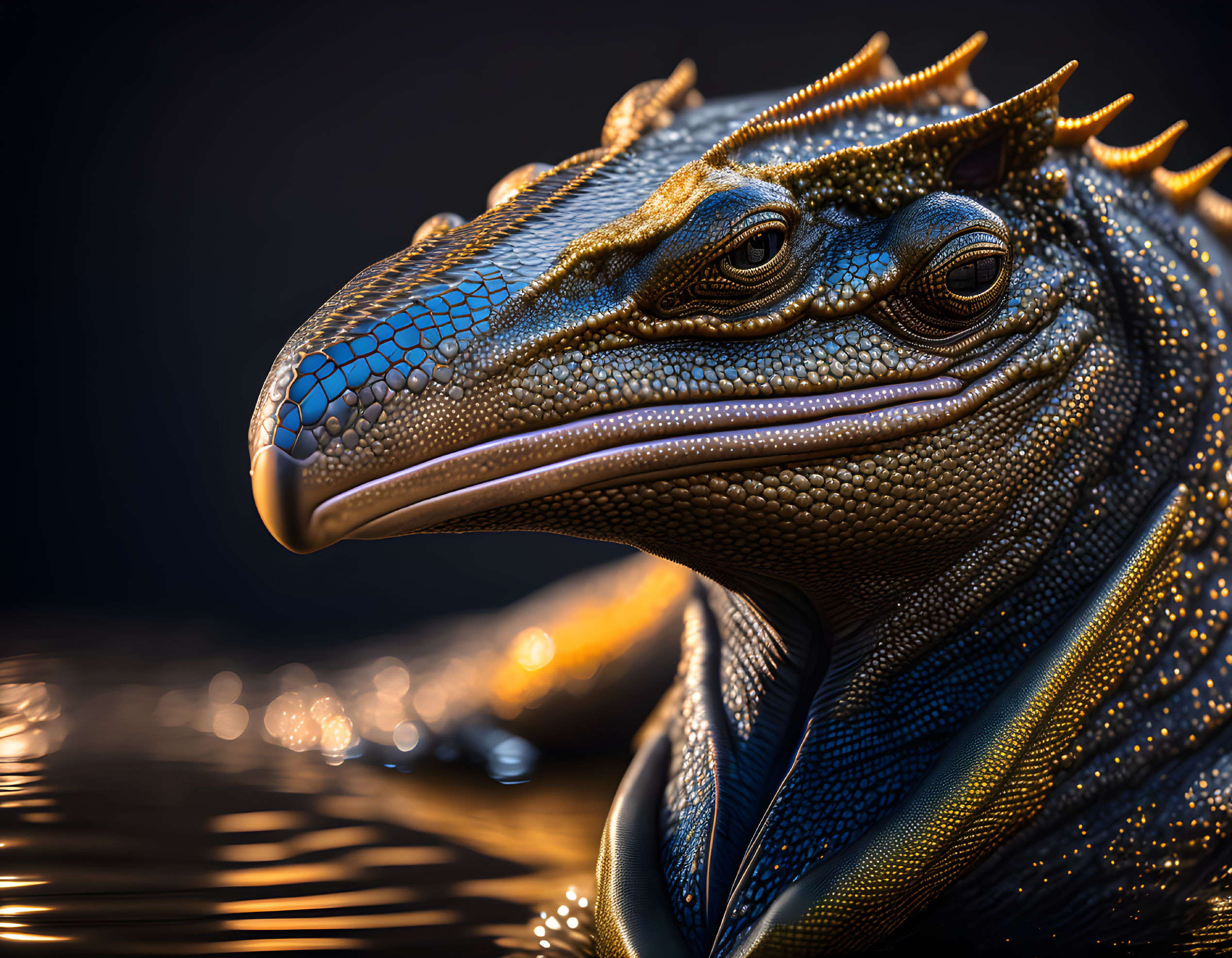 Detailed Digital Artwork: Blue and Gold Reptilian Creature with Intricate Skin Textures and Golden