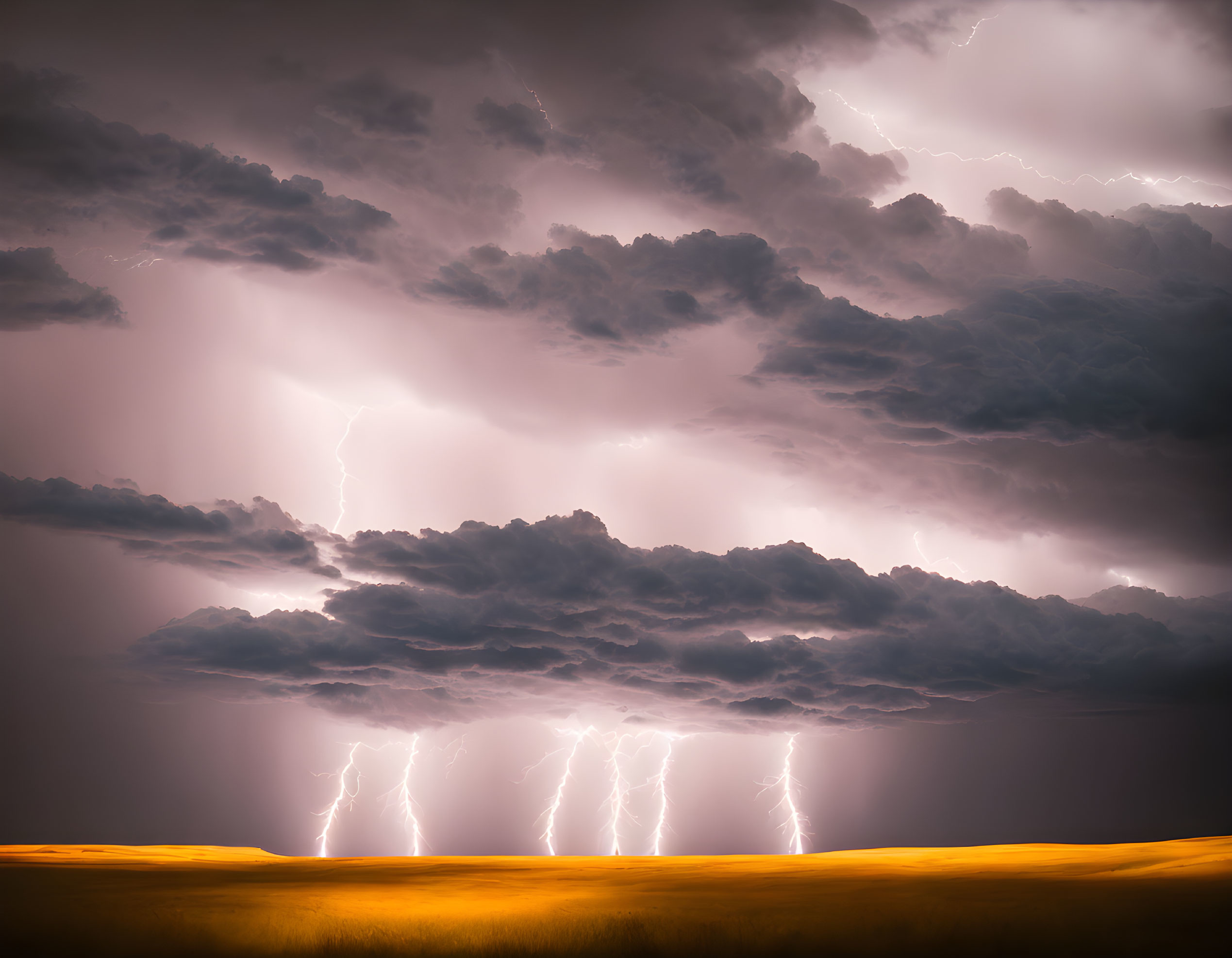 Intense thunderstorm with lightning strikes over golden field