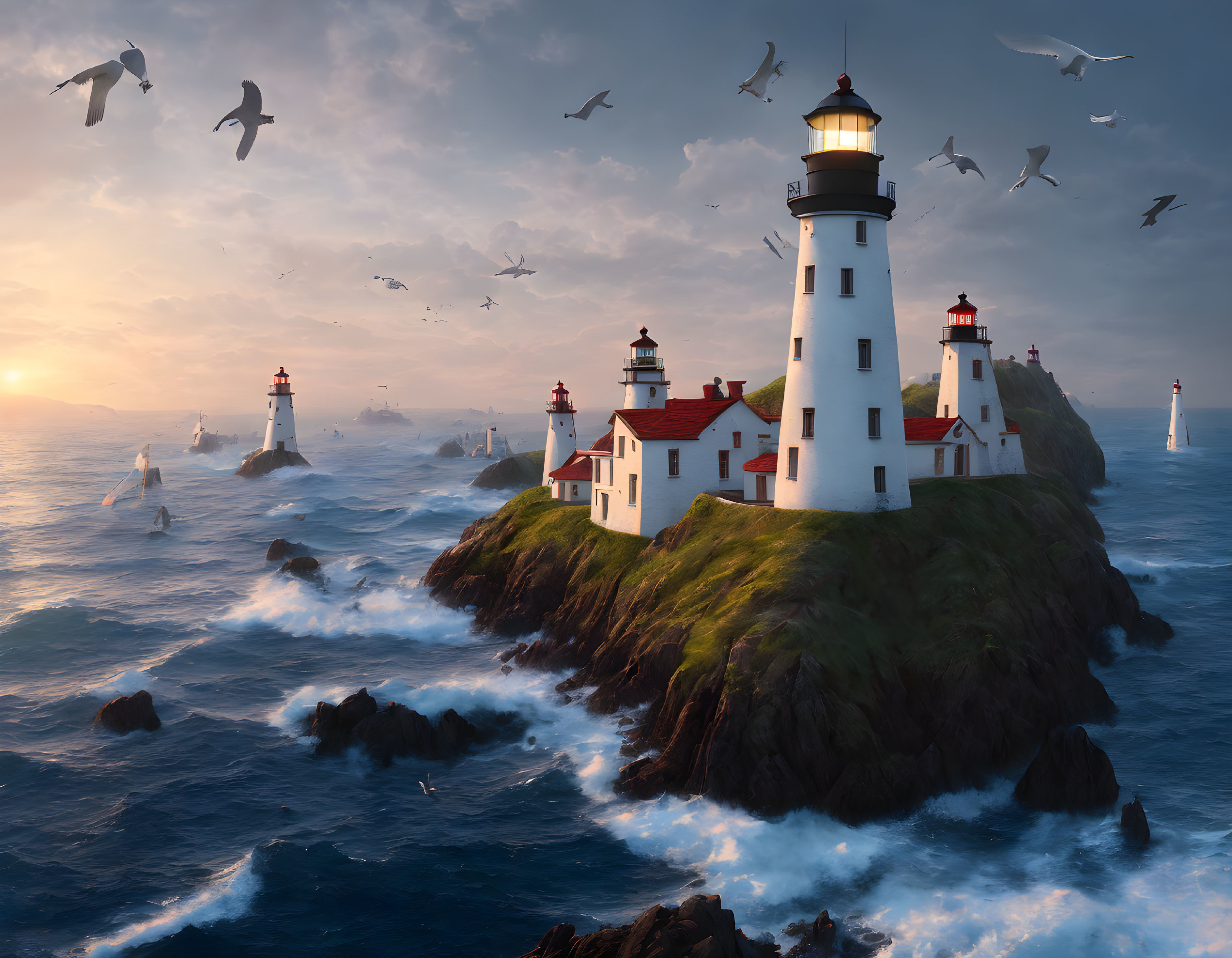 Lighthouse landscape with birds at sunset