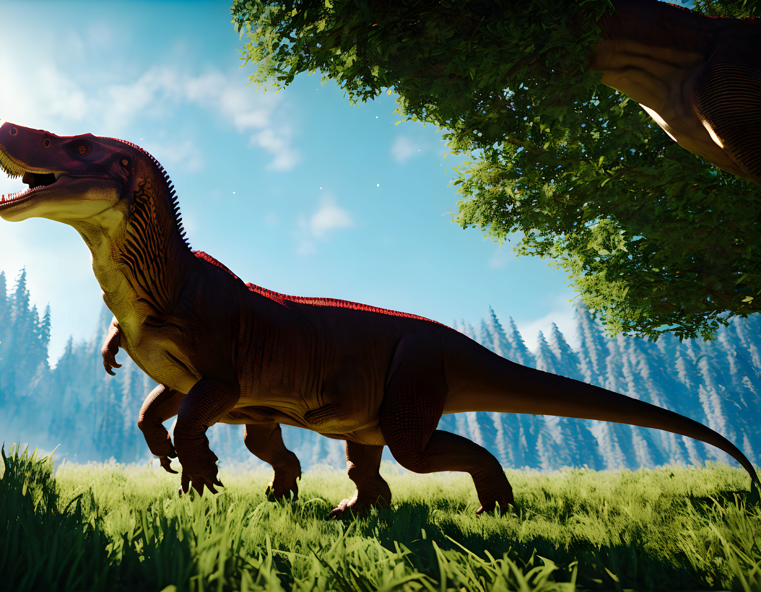 Detailed digital rendering of red Tyrannosaurus rex in sunlit forest clearing