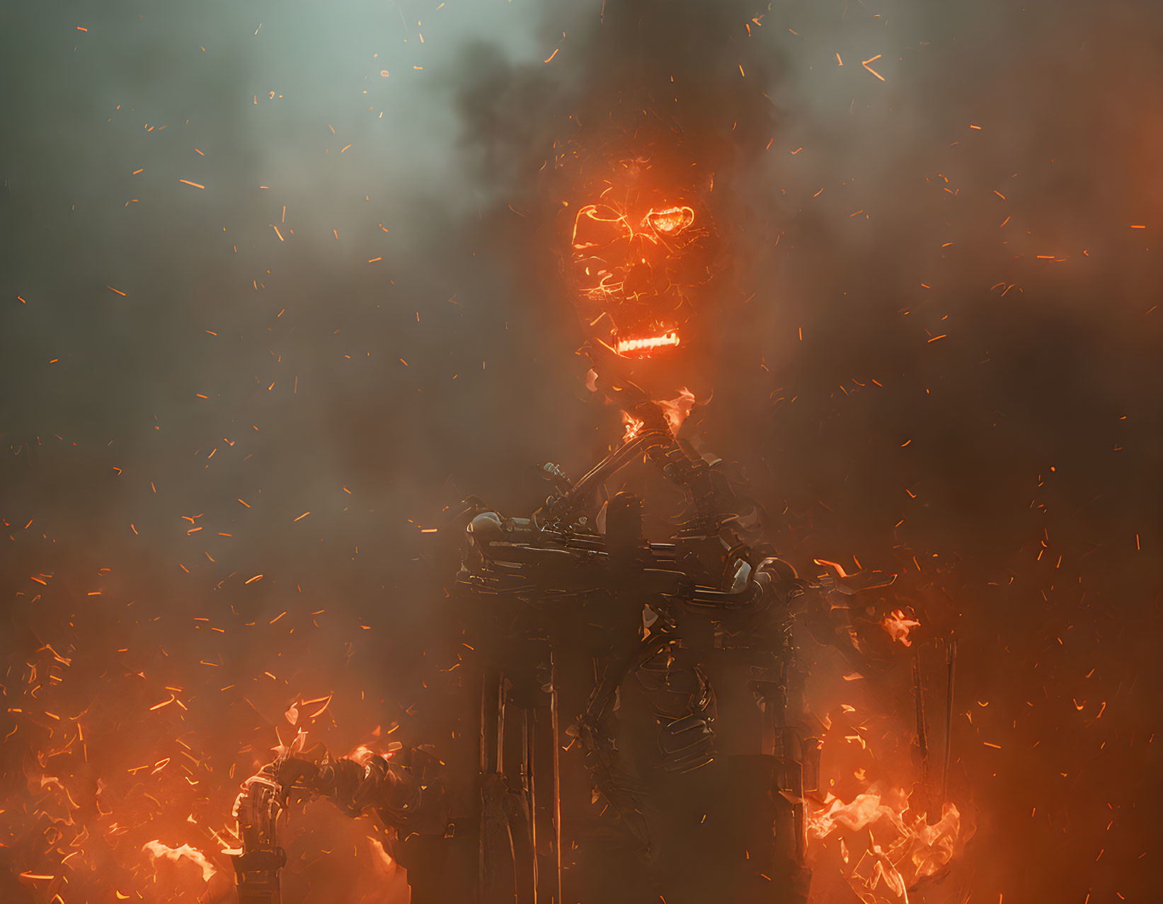 Robotic figure engulfed in flames and sparks