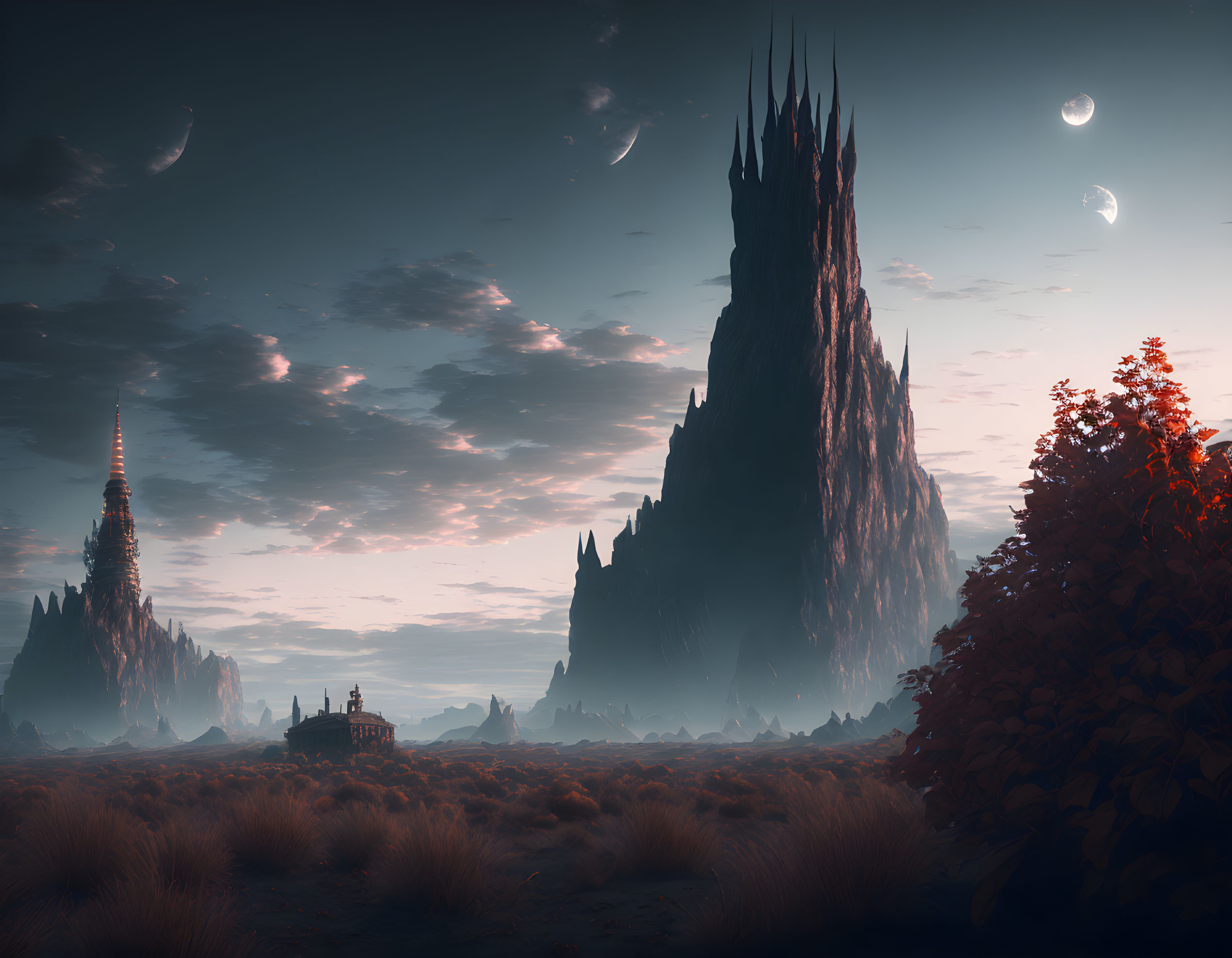 Surreal landscape with towering spires and multiple moons in mystical sky