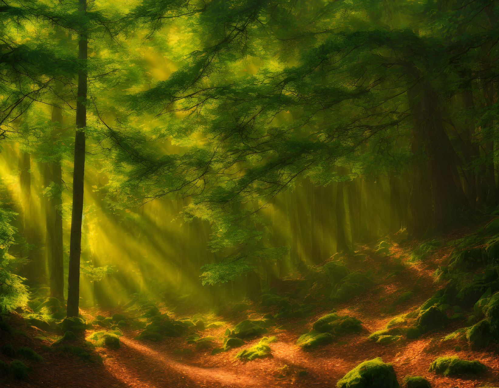 Golden sunlight in dense green forest with moss-covered floor