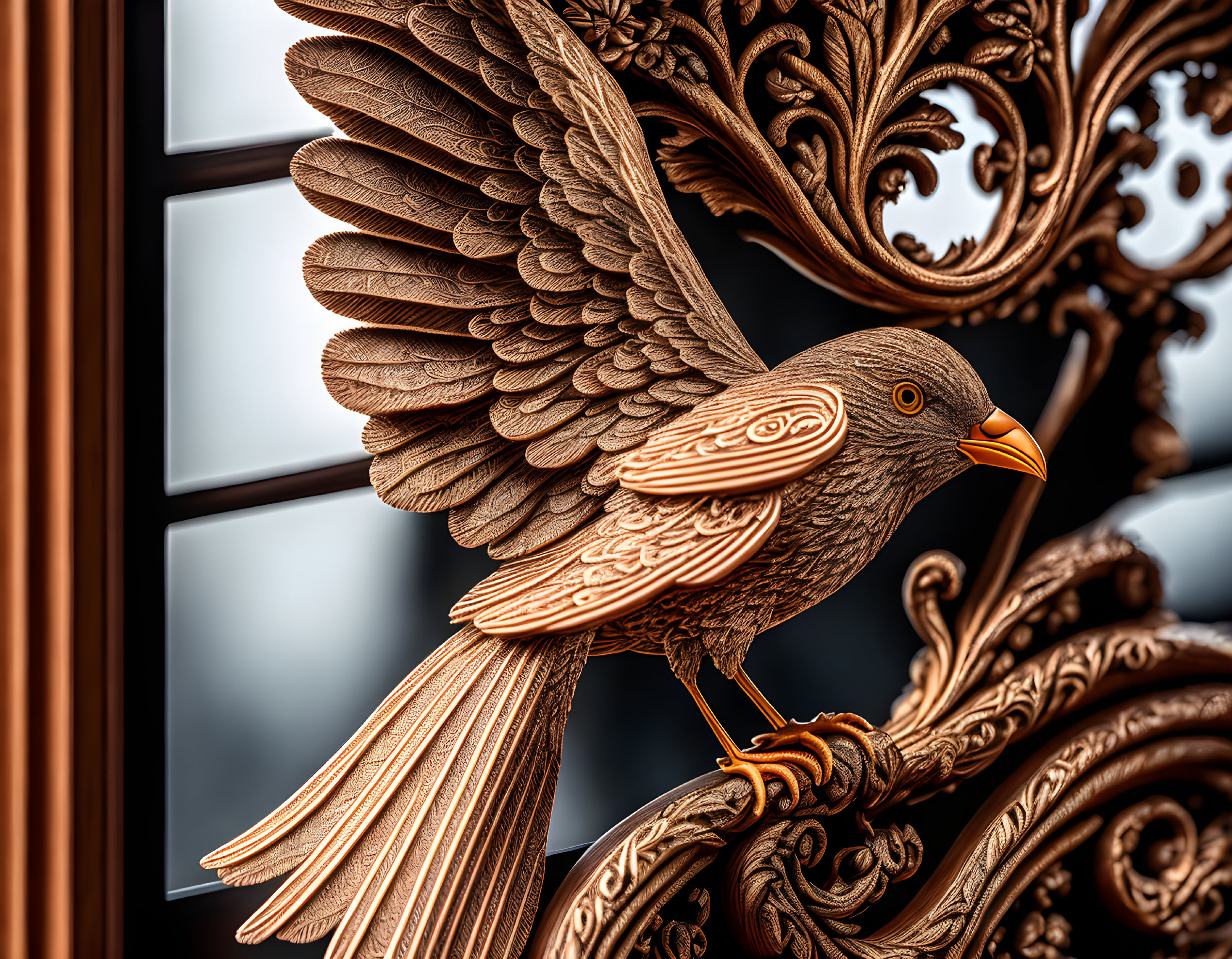 Detailed Metal Bird Sculpture on Ornate Bronze Branch with Blurred Window Background