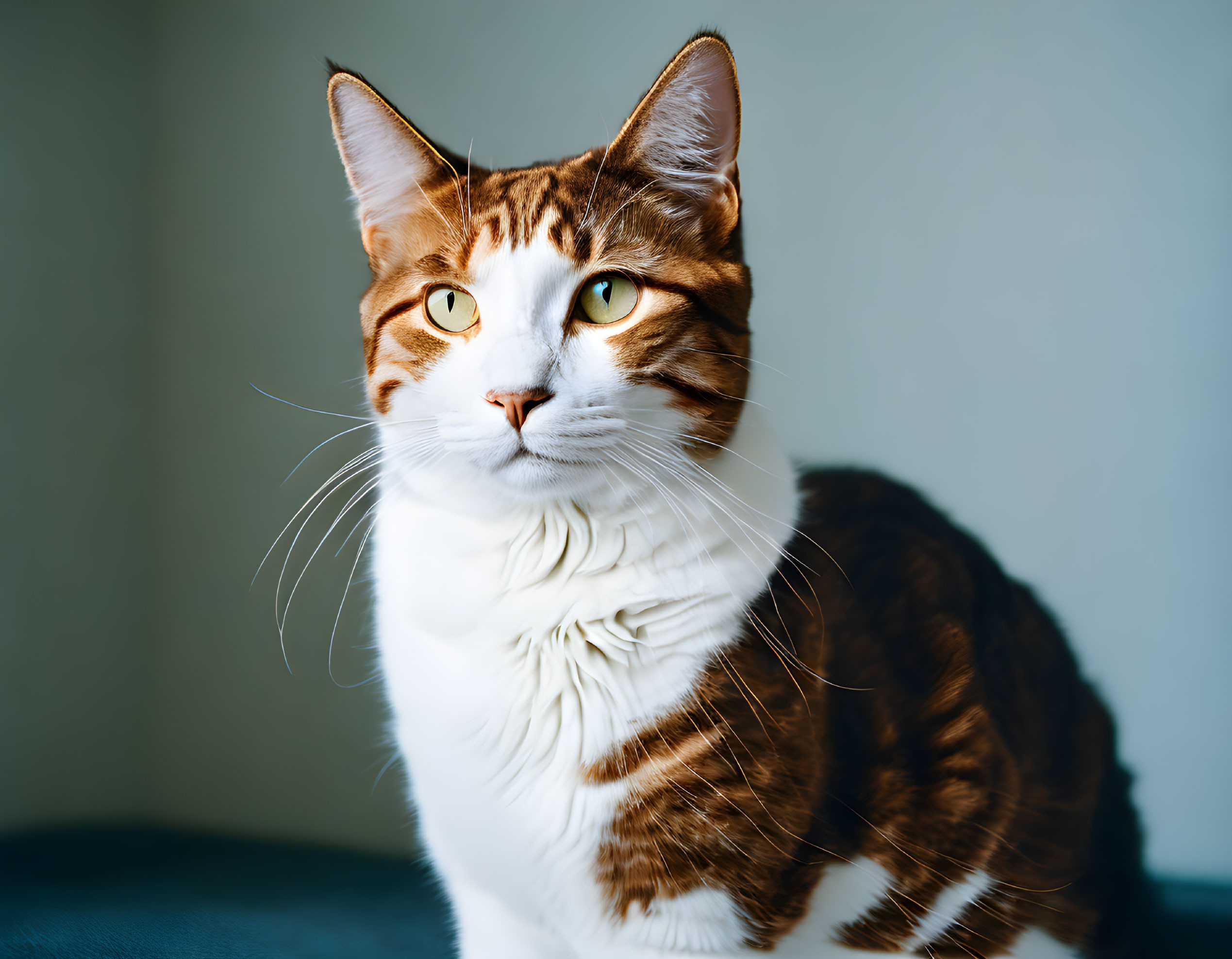 Brown and White Striped Cat with Green Eyes on Blurred Blue Background