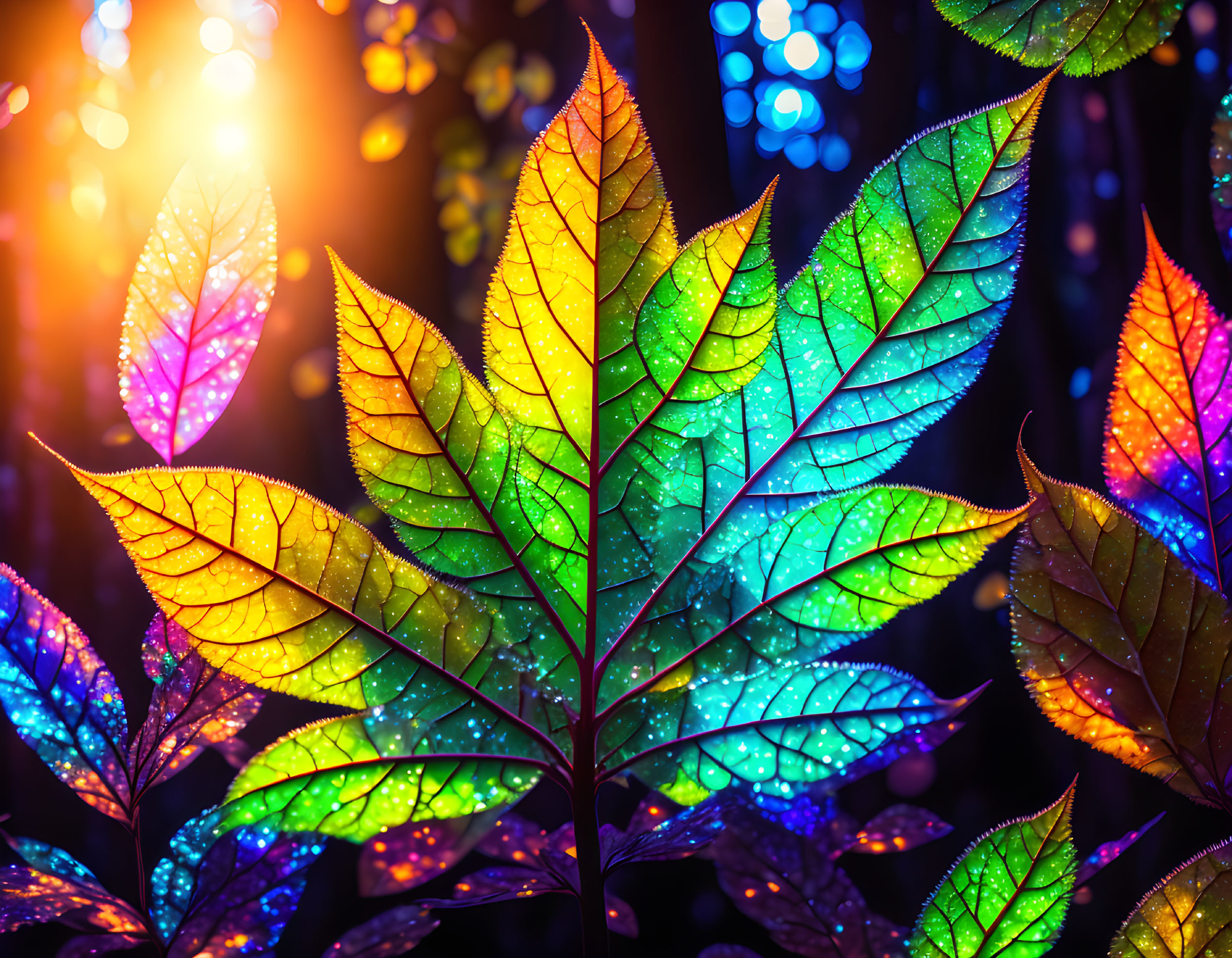 Vibrant backlit leaves with colorful bokeh lights at night