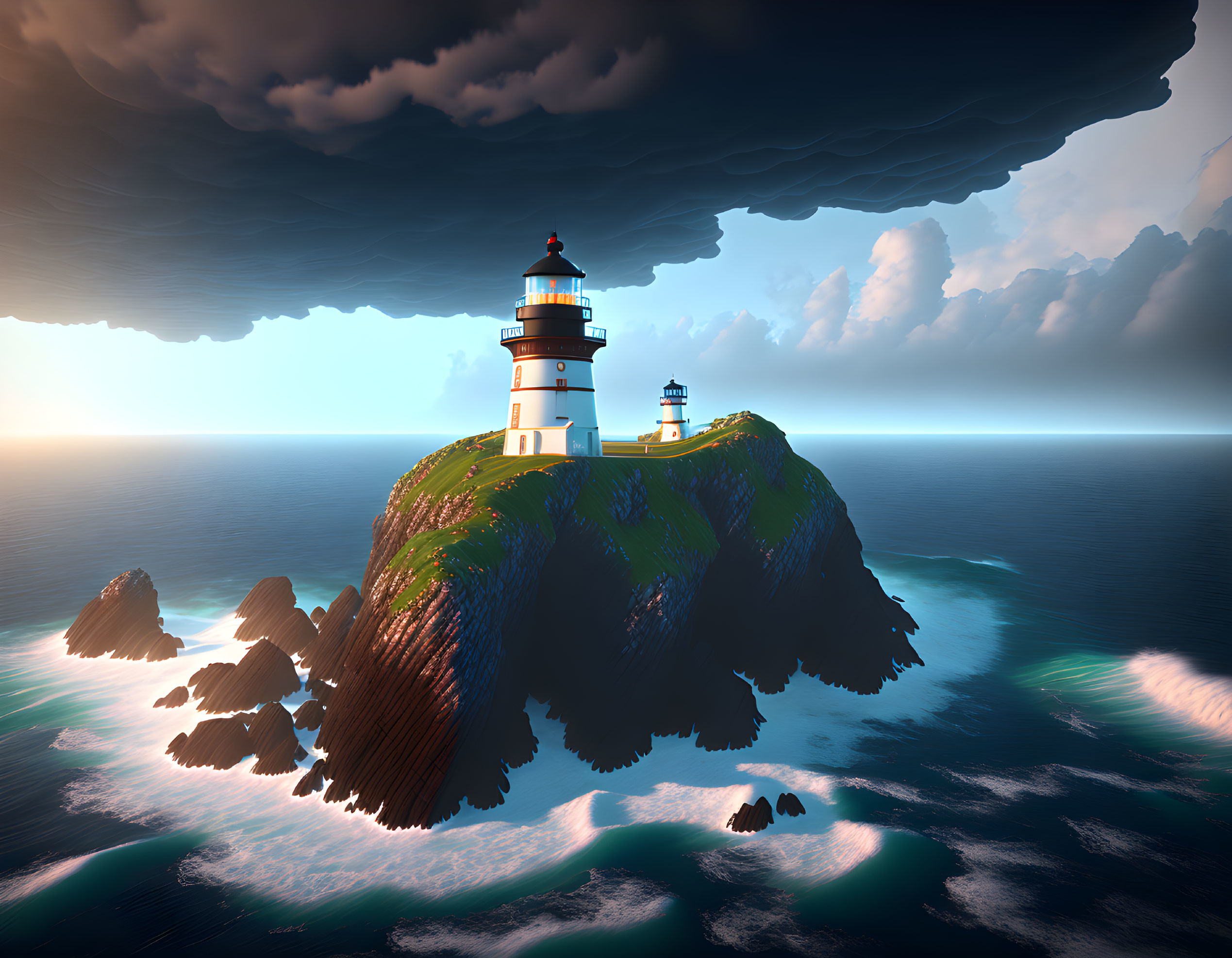 Lighthouse on rocky island with smaller islet in calm sea