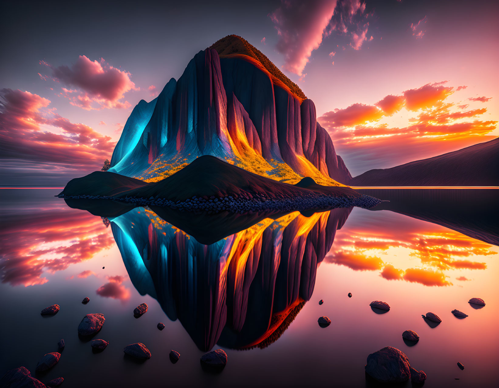 Colorful surreal mountain landscape reflected on water at sunrise or sunset