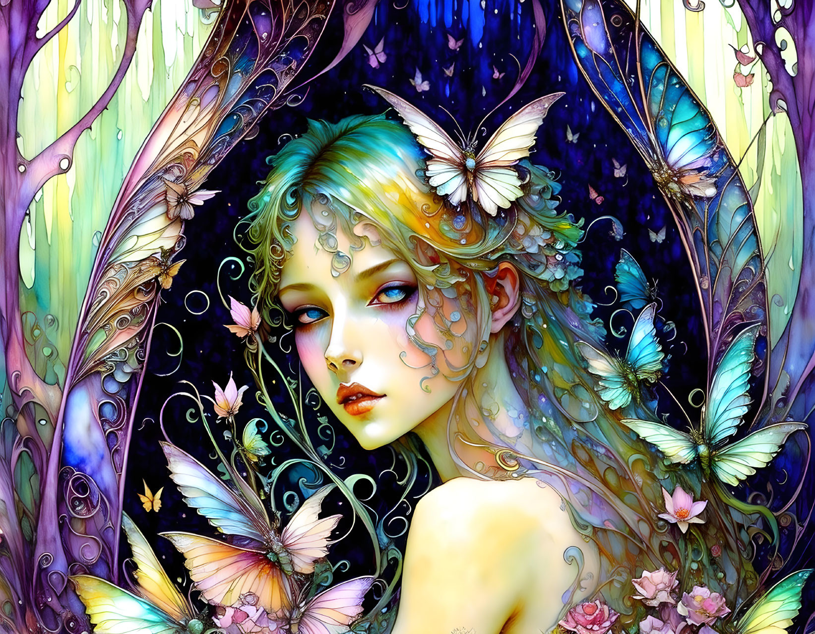 Whimsical woman with butterflies and vibrant flowers in stained-glass style