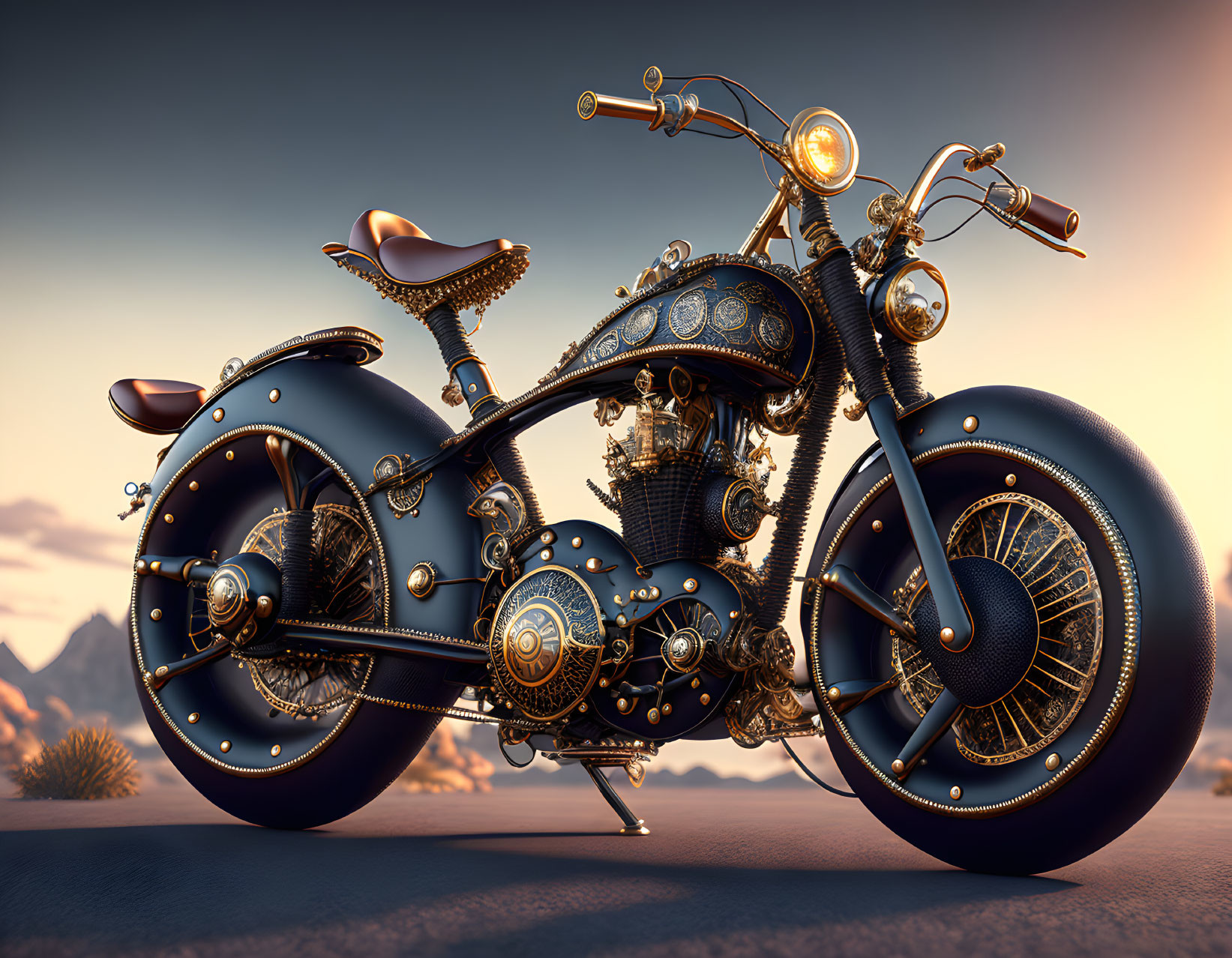 Steampunk-inspired motorcycle with gear and pipe details in desert sunset.