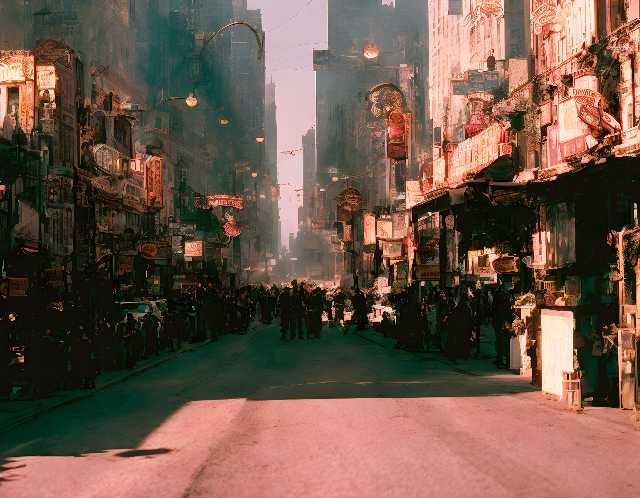 Busy City Street with Chinese Lanterns and Traditional Signage Under Sunlit Sky