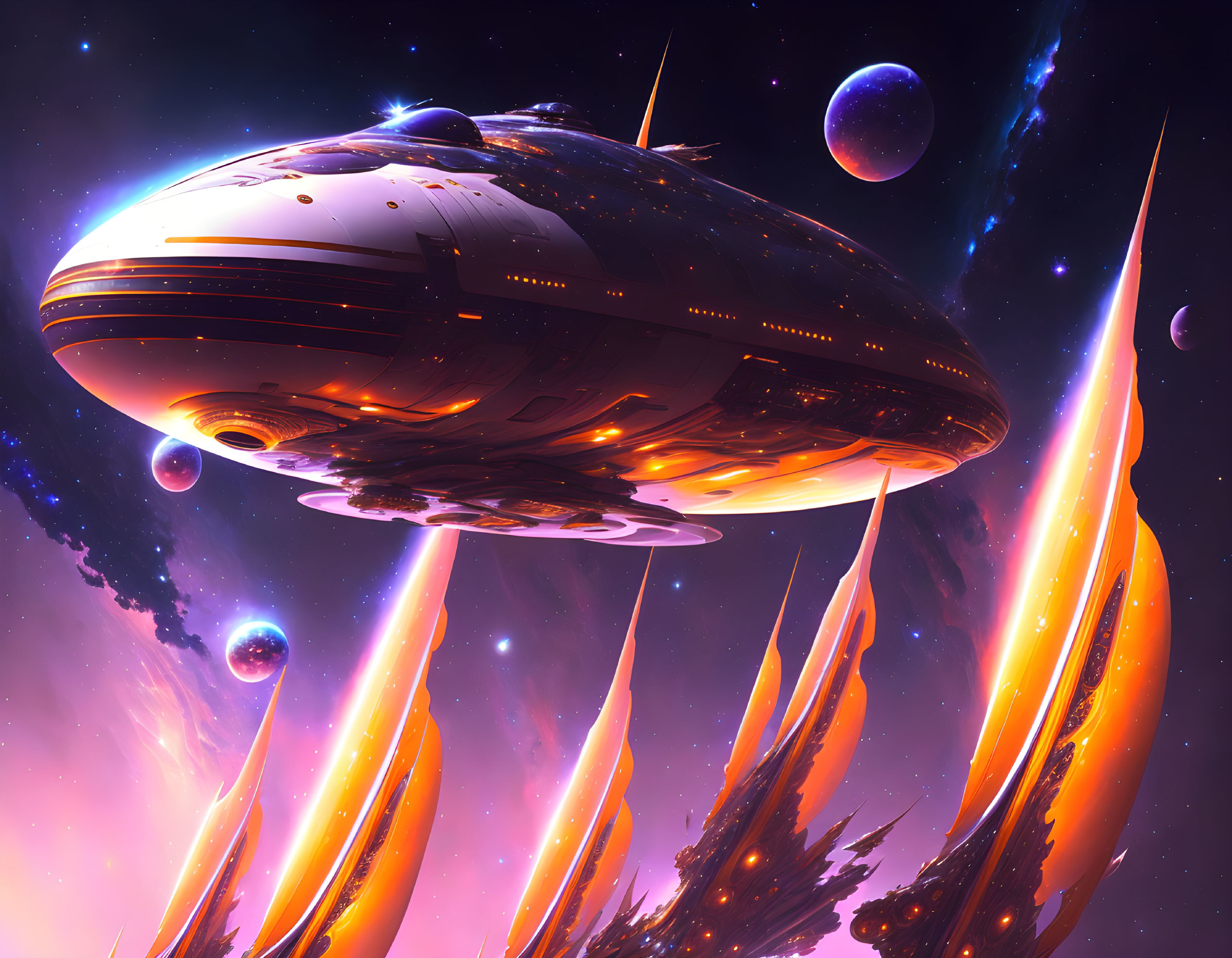 Glowing spaceship in vibrant cosmic scene with planets and asteroids