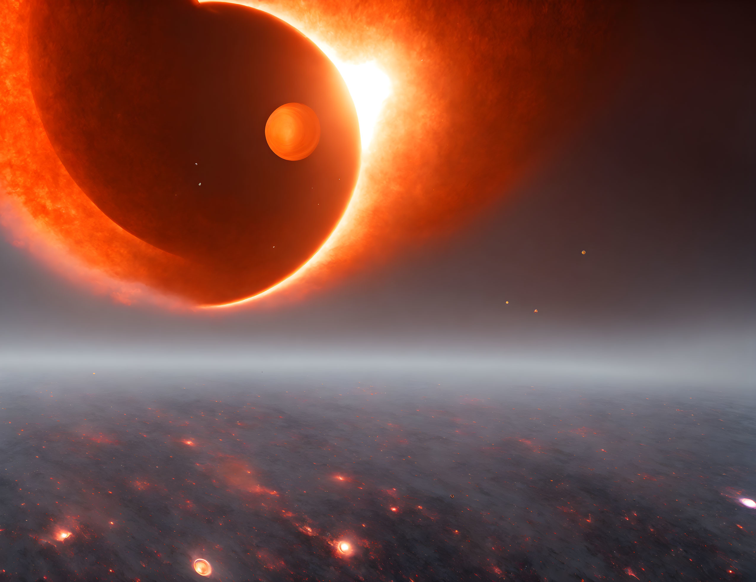 Large red sun eclipsing smaller planet against cosmic backdrop