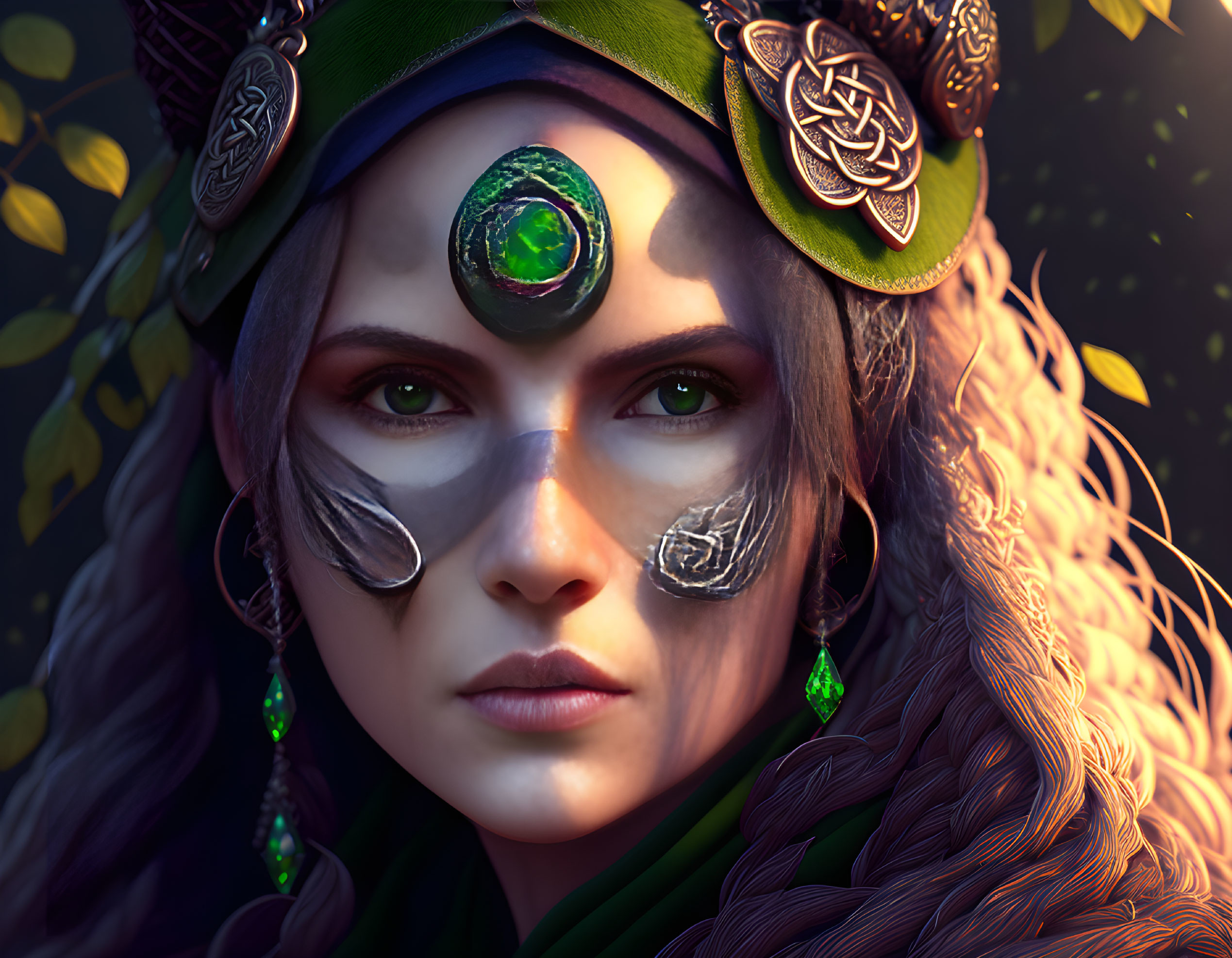 Portrait of woman with green gem forehead piece, Celtic symbols, braided hair, and facial paint.