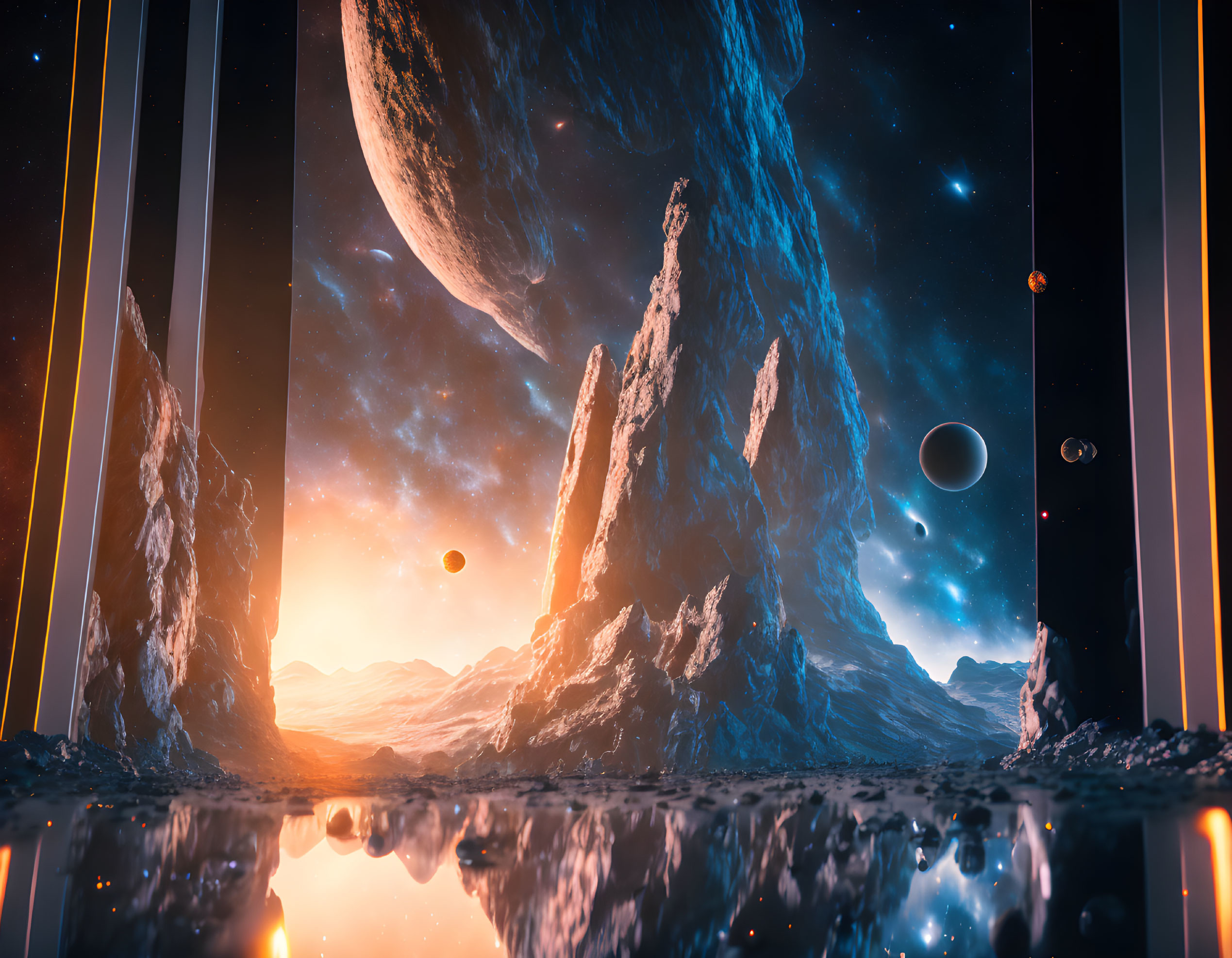 Sci-fi landscape with towering rock formations and planets in sky