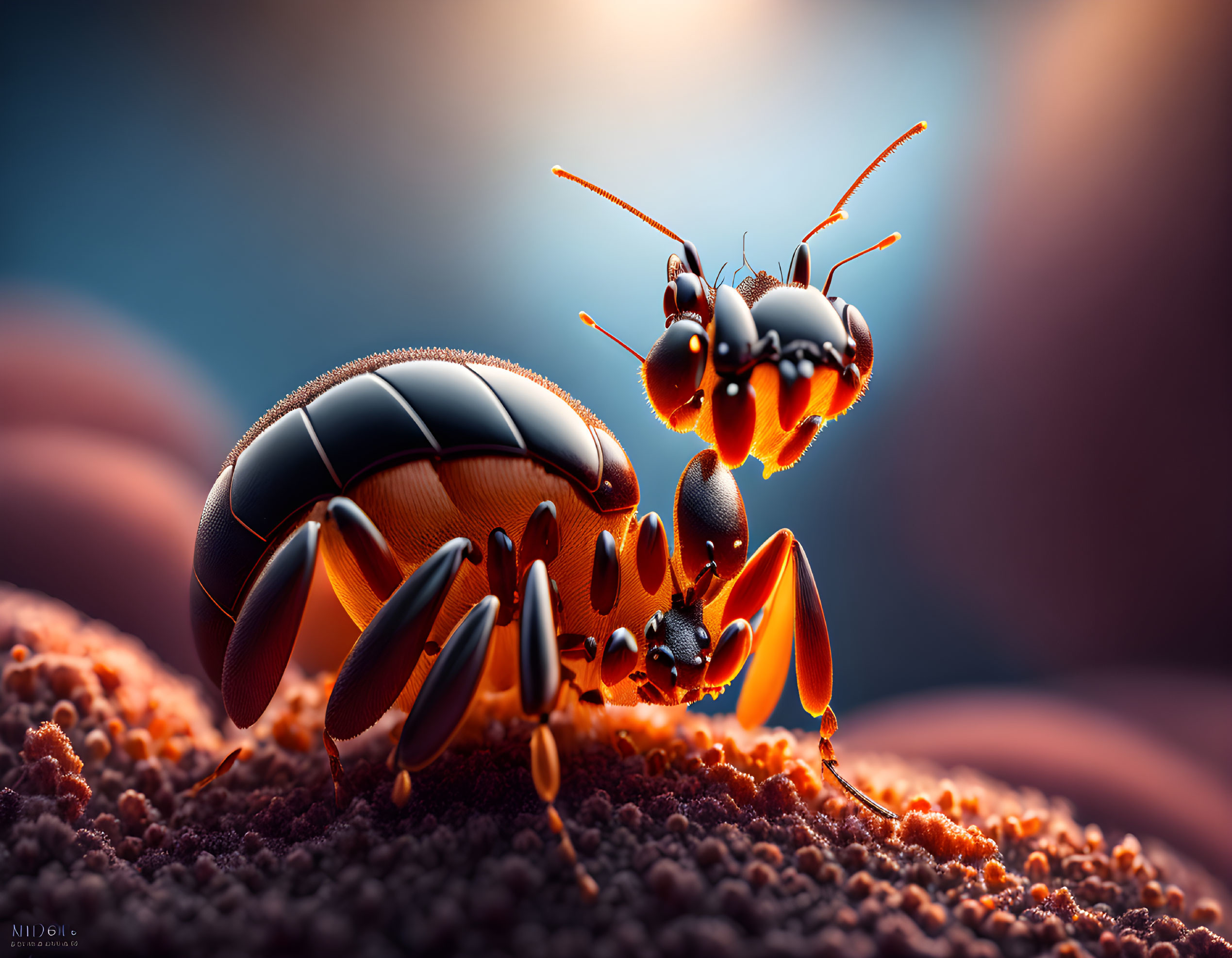 Detailed artistic rendering of an ant with exaggerated features on textured surface