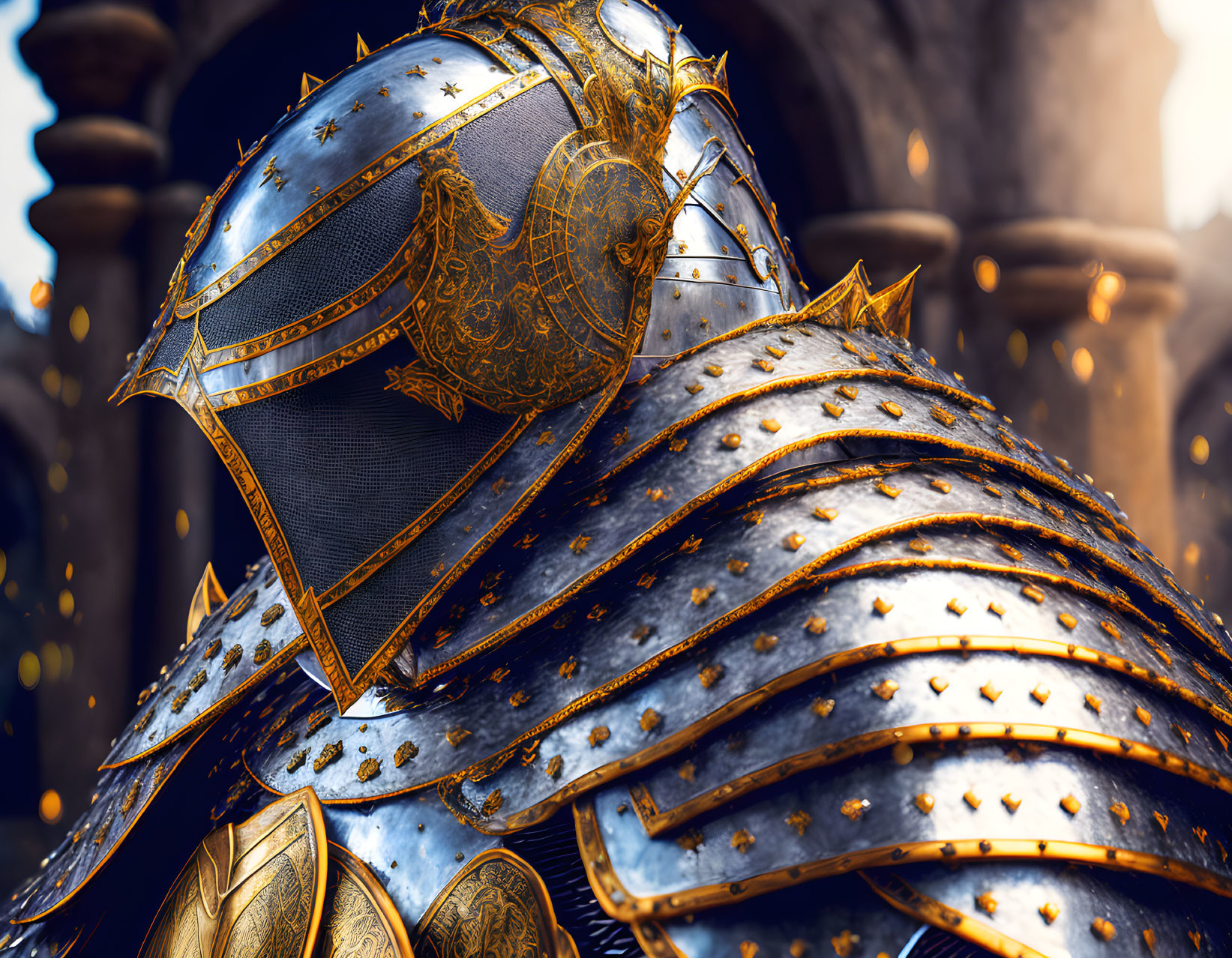 Detailed medieval armor with gold accents and intricate patterns on blurred background