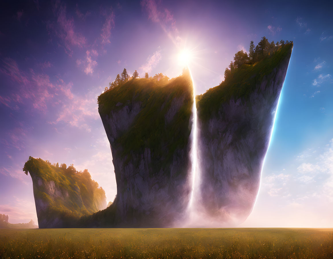 Split floating island with cascading waterfalls under sunlit sky